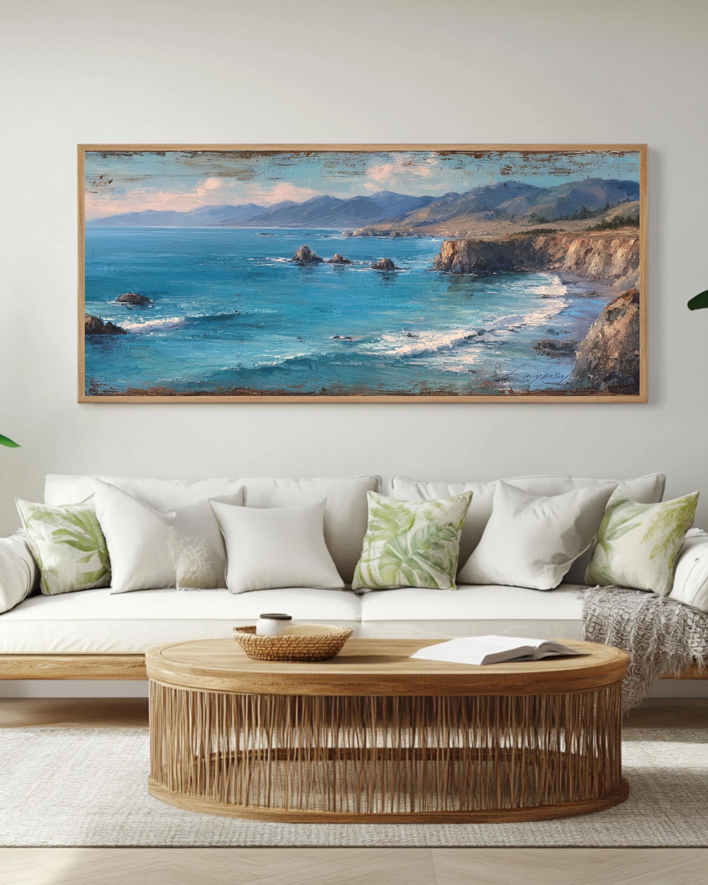 Abstract Ocean Seascape Canvas Art: Modern Coastal Cliff Painting