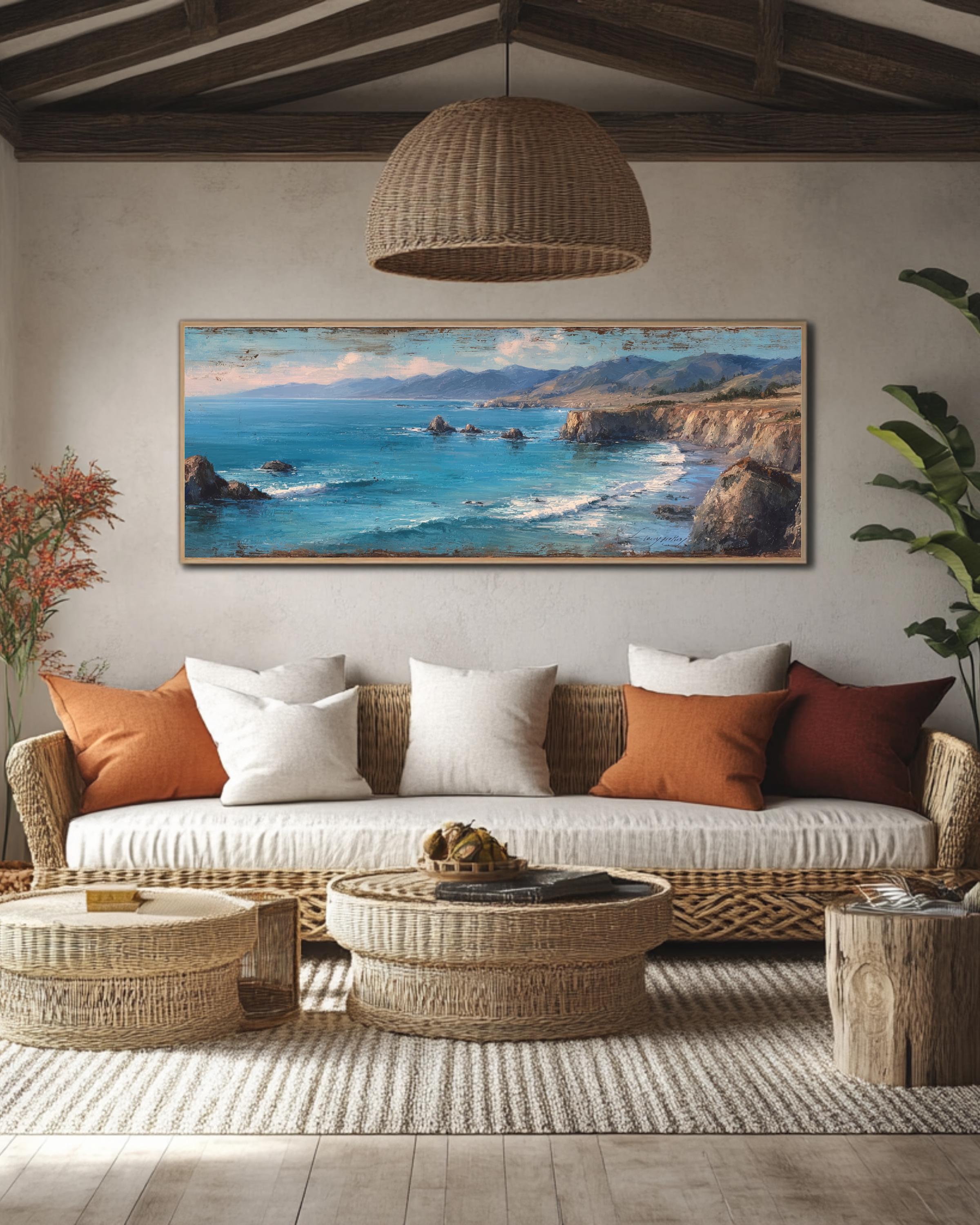 Abstract Ocean Seascape Canvas Art: Modern Coastal Cliff Painting