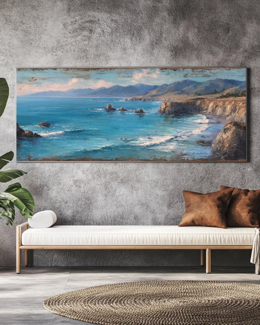 Abstract Ocean Seascape Canvas Art: Modern Coastal Cliff Painting