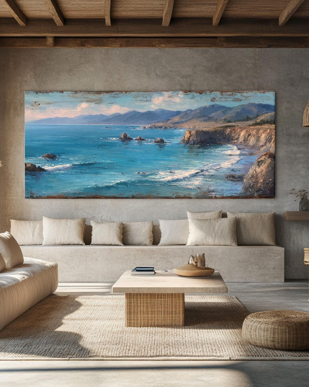 Abstract Ocean Seascape Canvas Art: Modern Coastal Cliff Painting