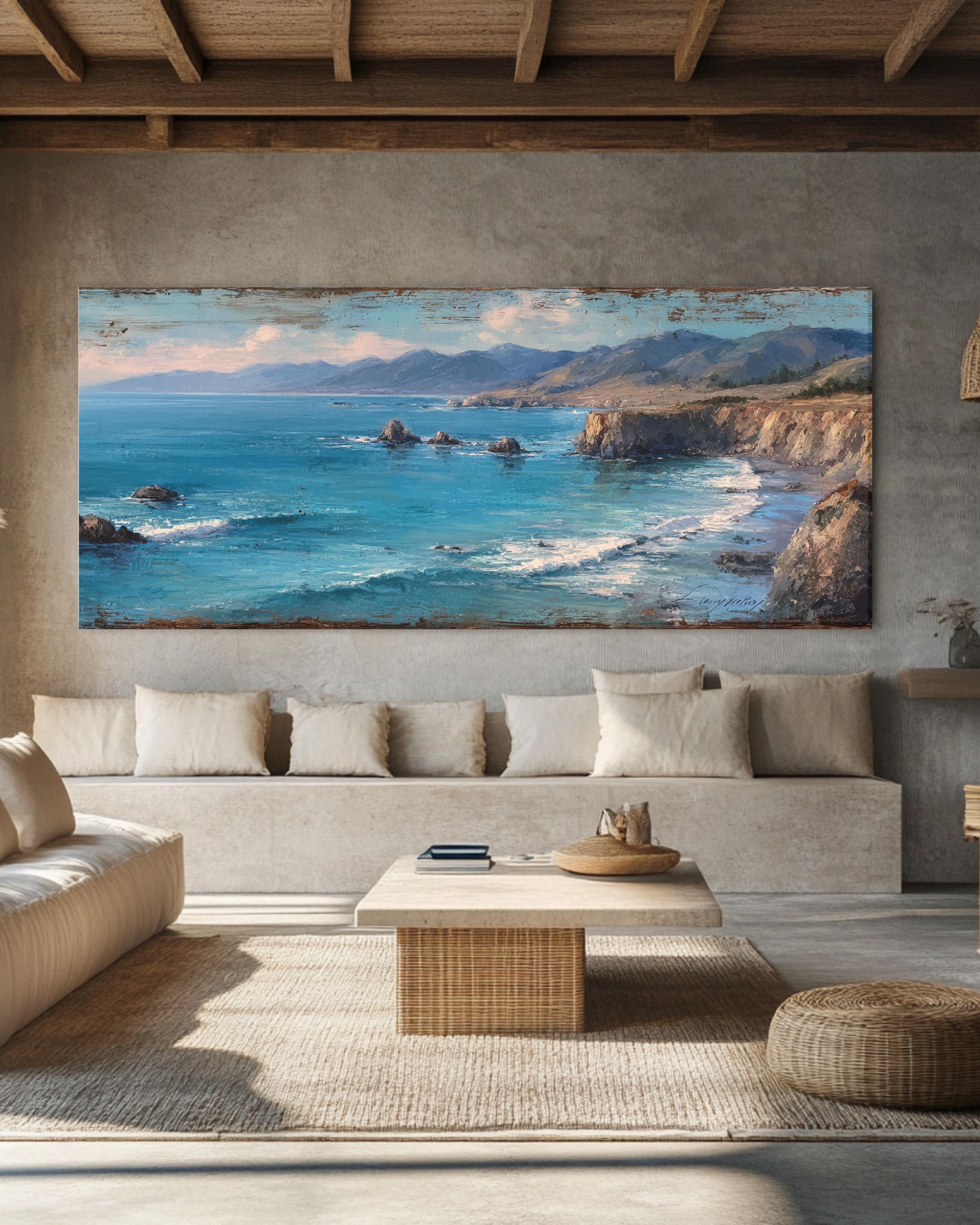 Abstract Ocean Seascape Canvas Art: Modern Coastal Cliff Painting