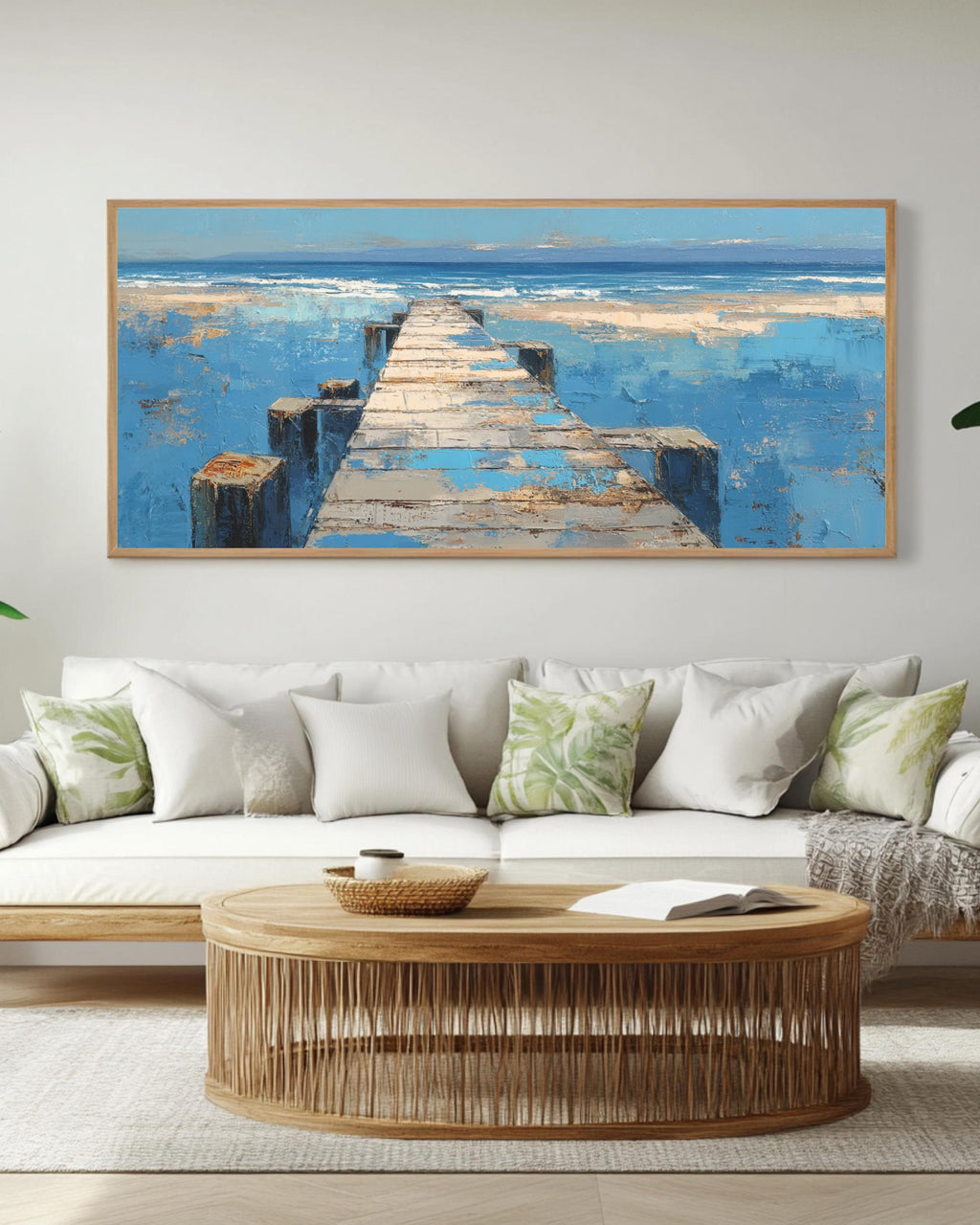 Abstract Beach Scene Painting: Rustic Coastal Panoramic Canvas Art