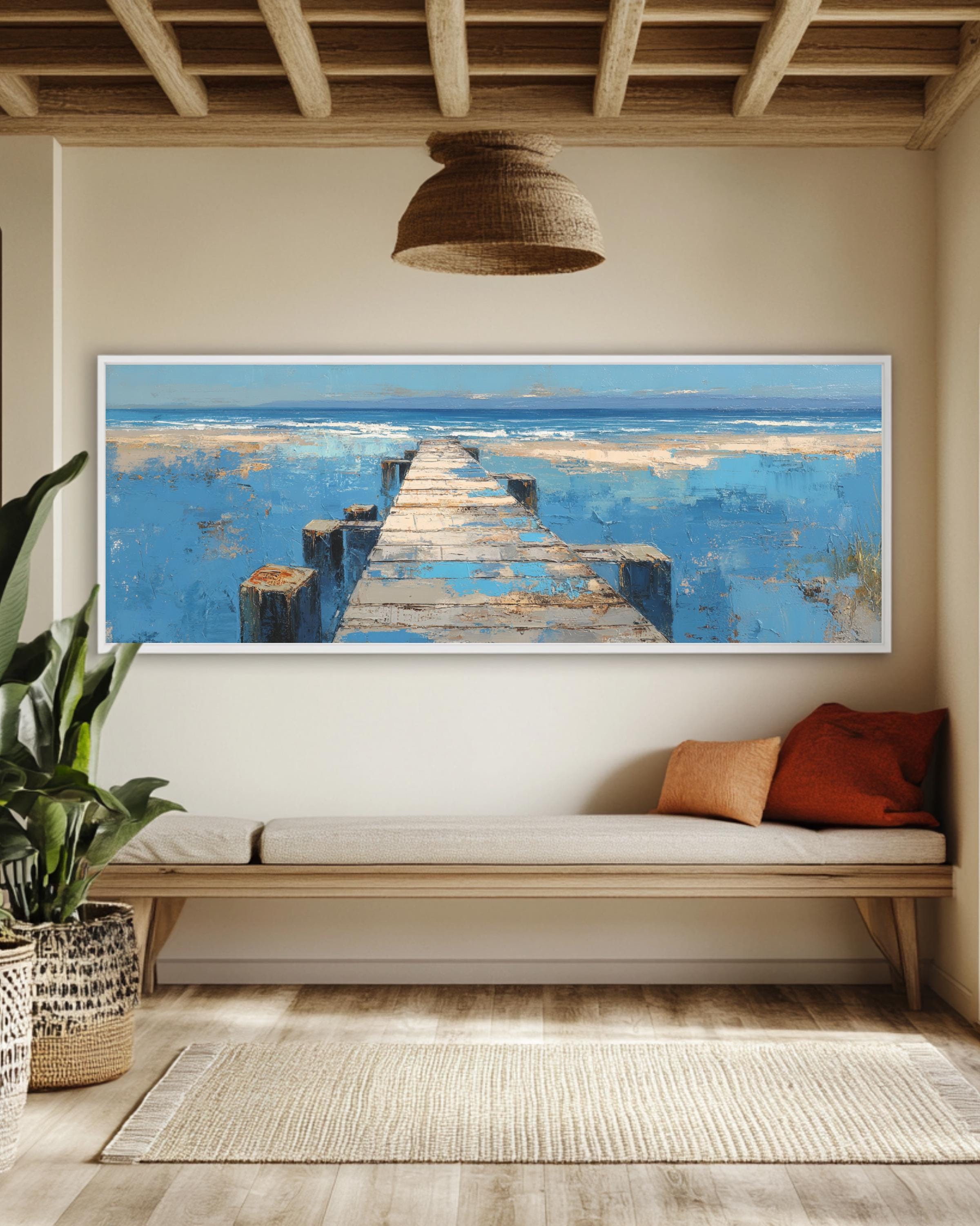 Abstract Beach Scene Painting: Rustic Coastal Panoramic Canvas Art