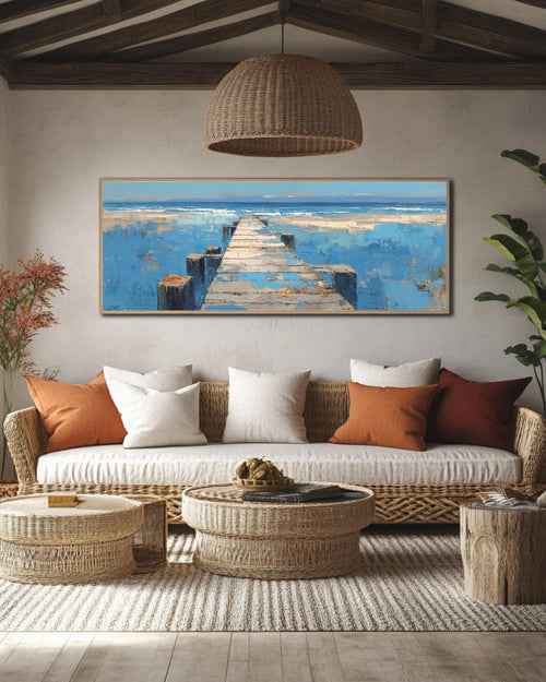 Abstract Beach Scene Painting: Rustic Coastal Panoramic Canvas Art