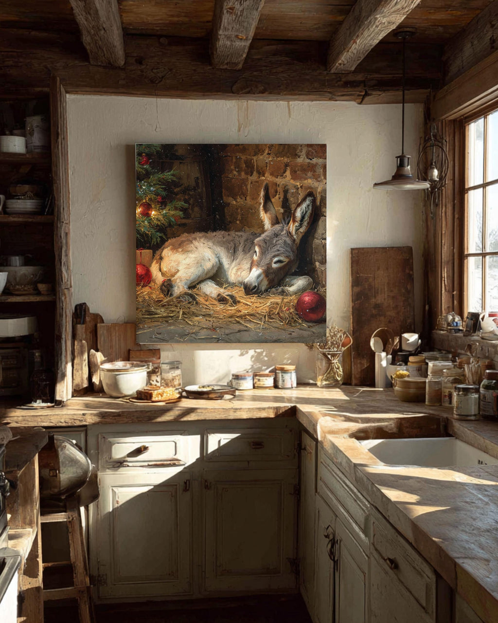 Christmas Nativity Canvas Art: Sleeping Donkey, Rustic Farmhouse Holiday Decor