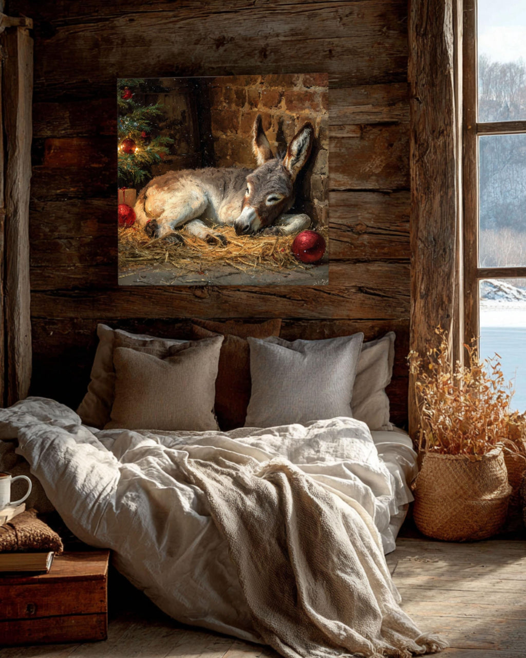Christmas Nativity Canvas Art: Sleeping Donkey, Rustic Farmhouse Holiday Decor