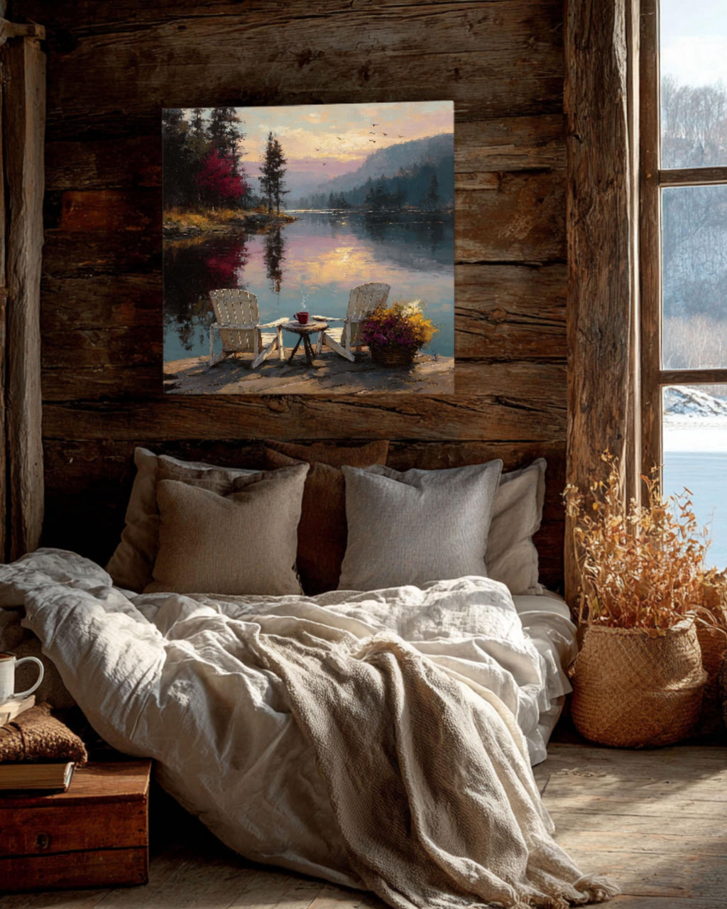 Adirondack Chairs Lake Canvas Art: Rustic Cabin Wall Decor