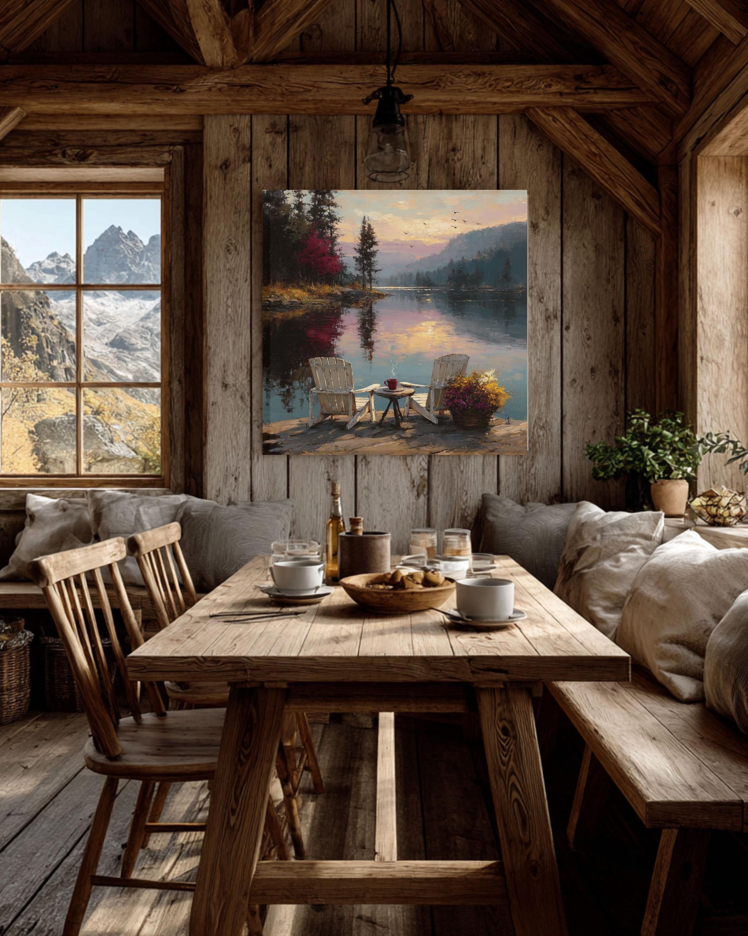 Adirondack Chairs Lake Canvas Art: Rustic Cabin Wall Decor