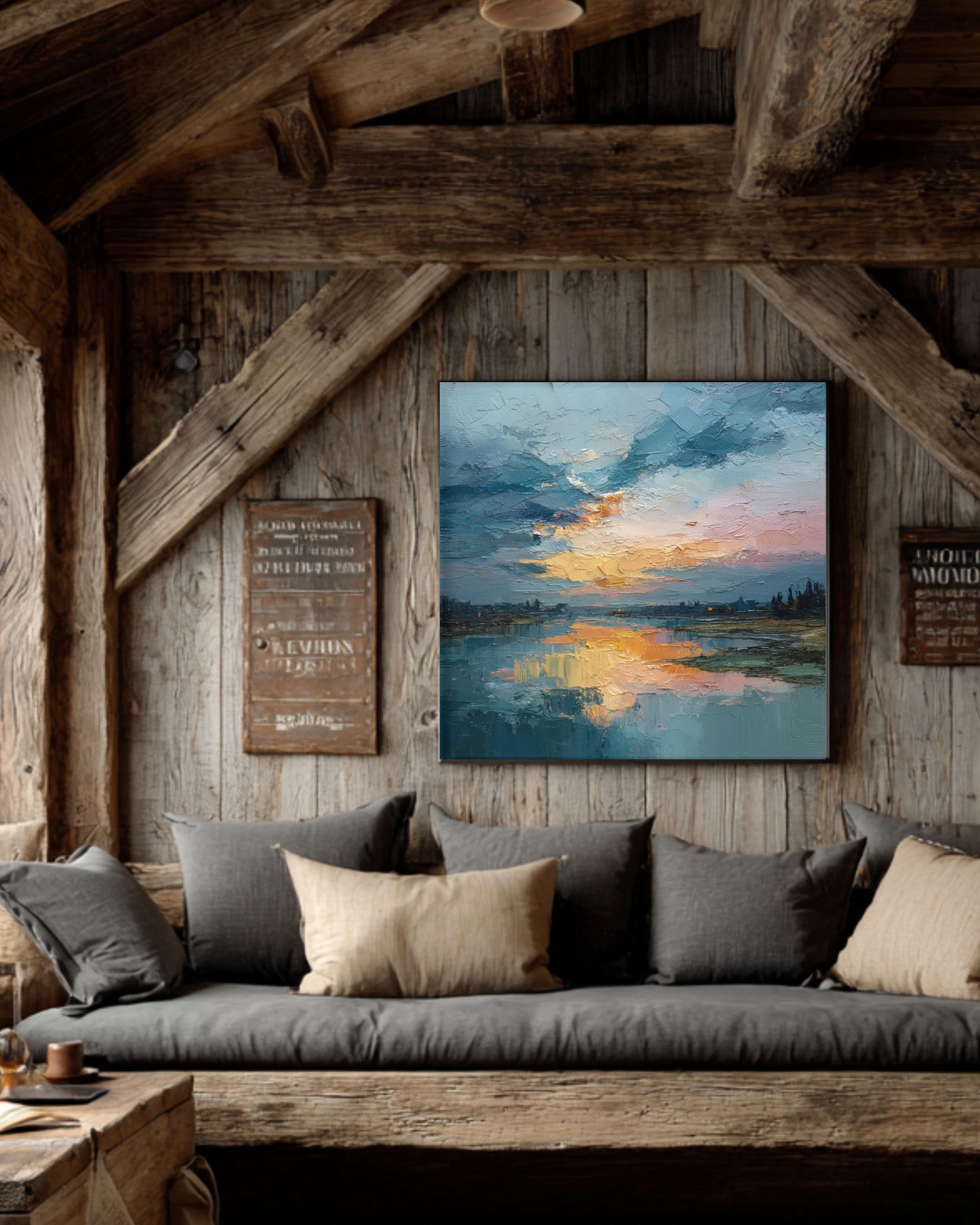 Abstract Lake Canvas Art: Rustic Nature Landscape Painting