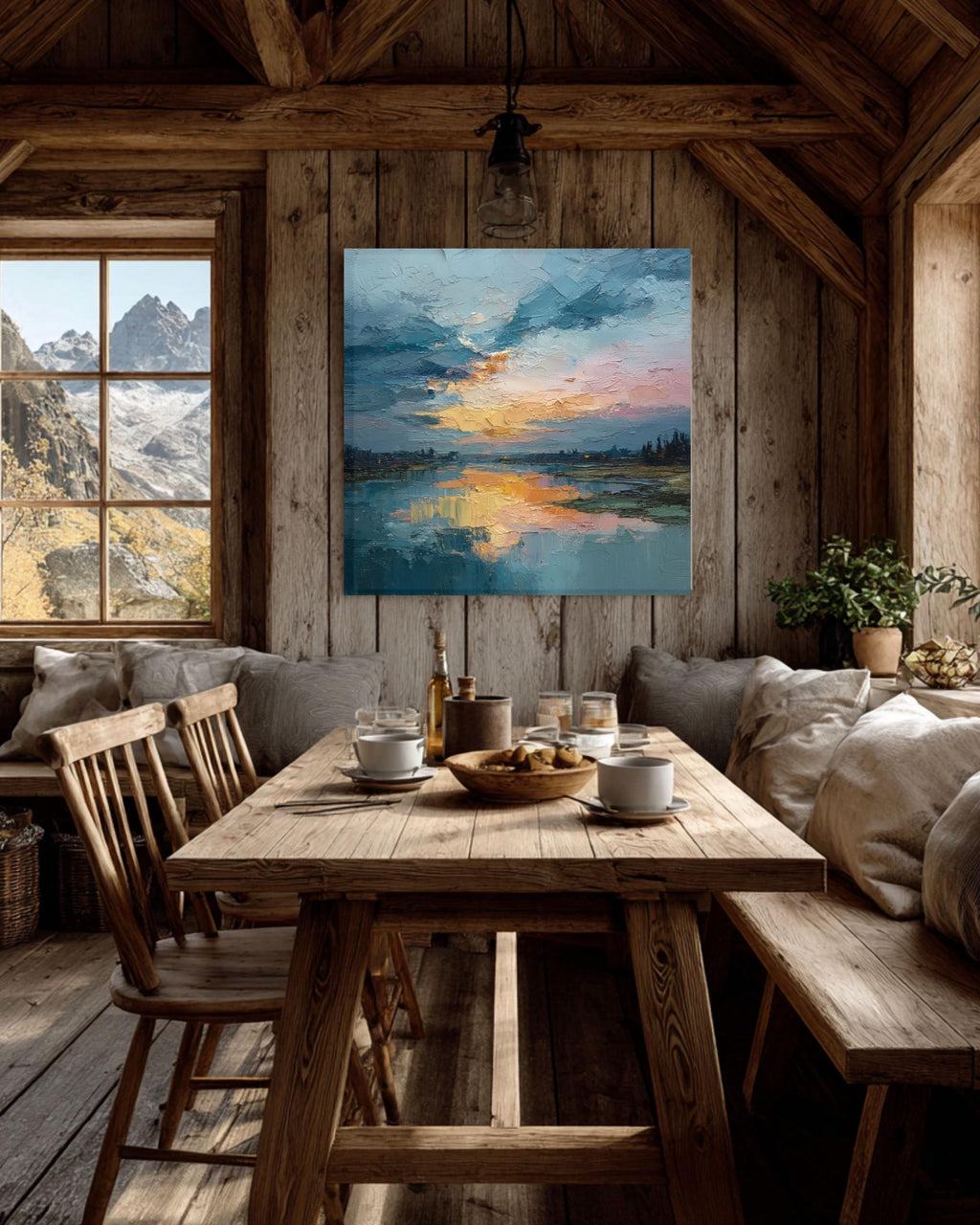 Abstract Lake Canvas Art: Rustic Nature Landscape Painting
