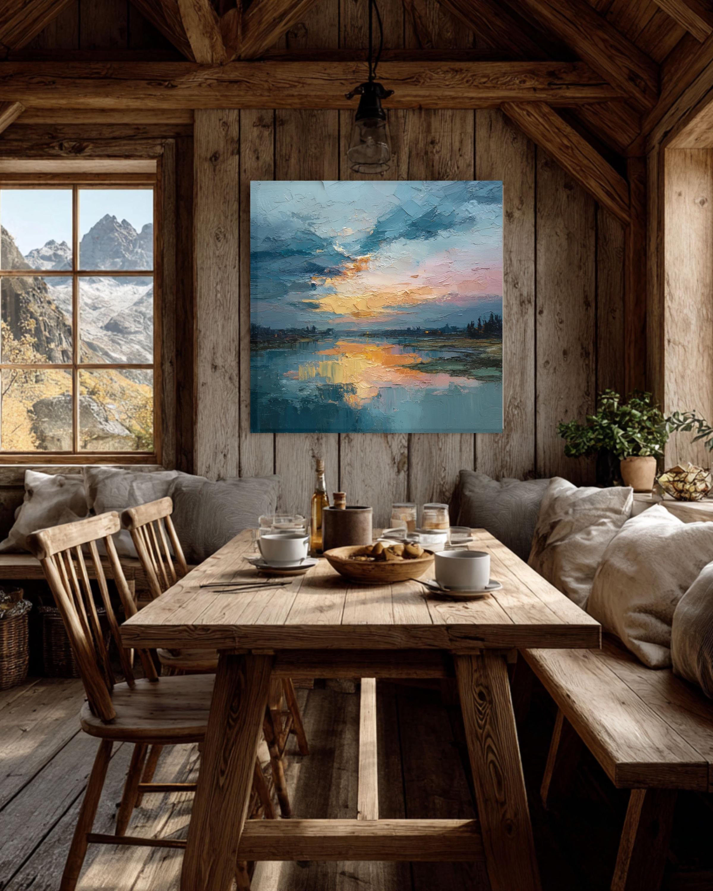 Abstract Lake Canvas Art: Rustic Nature Landscape Painting