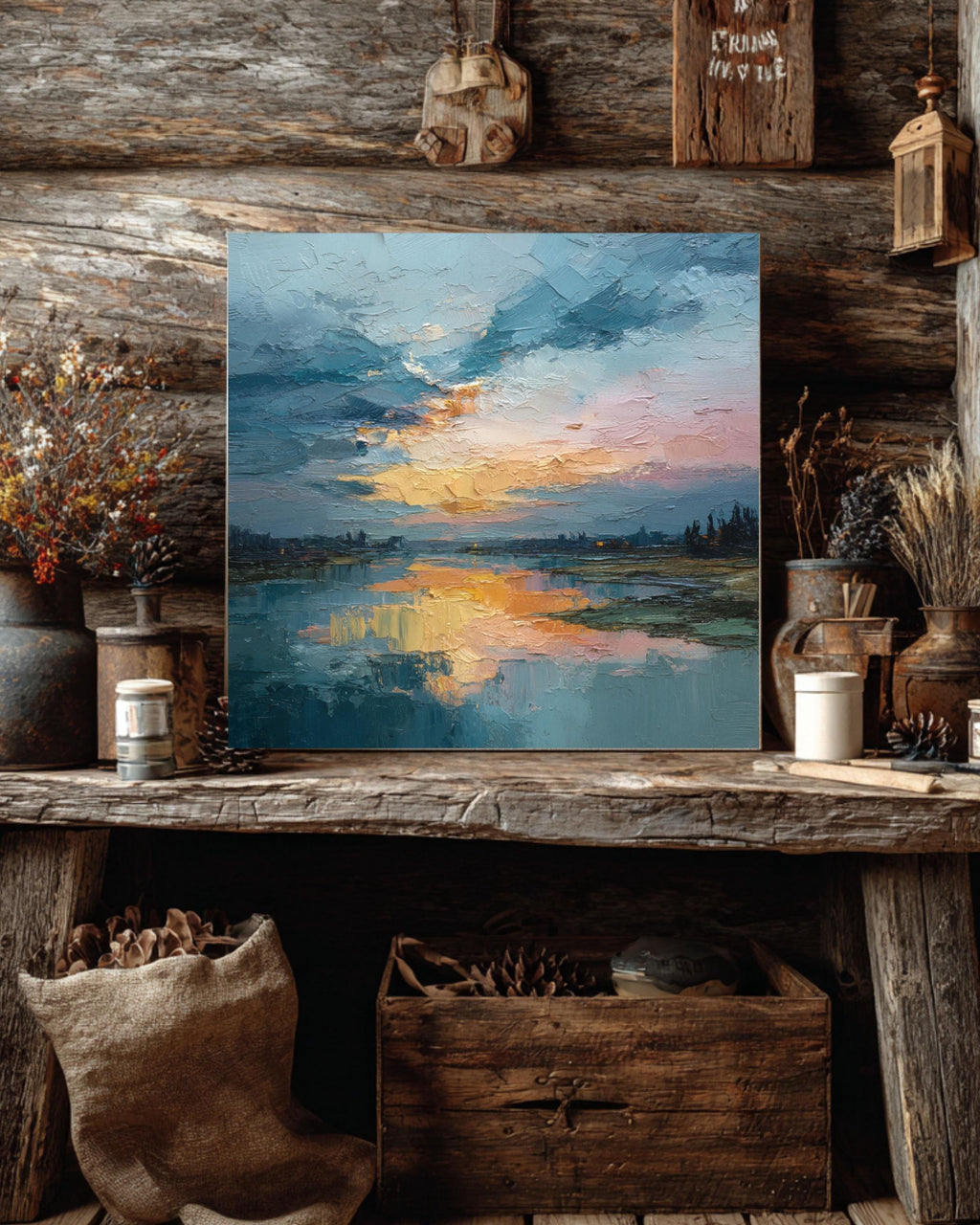 Abstract Lake Canvas Art: Rustic Nature Landscape Painting