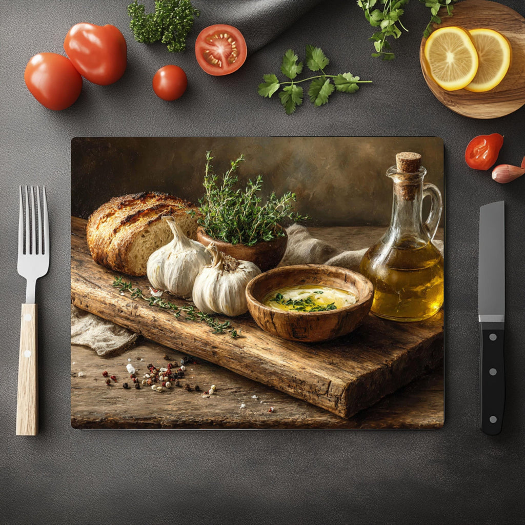 Rustic Garlic & Olive Oil Glass Cutting Board: Farmhouse Kitchen Decor