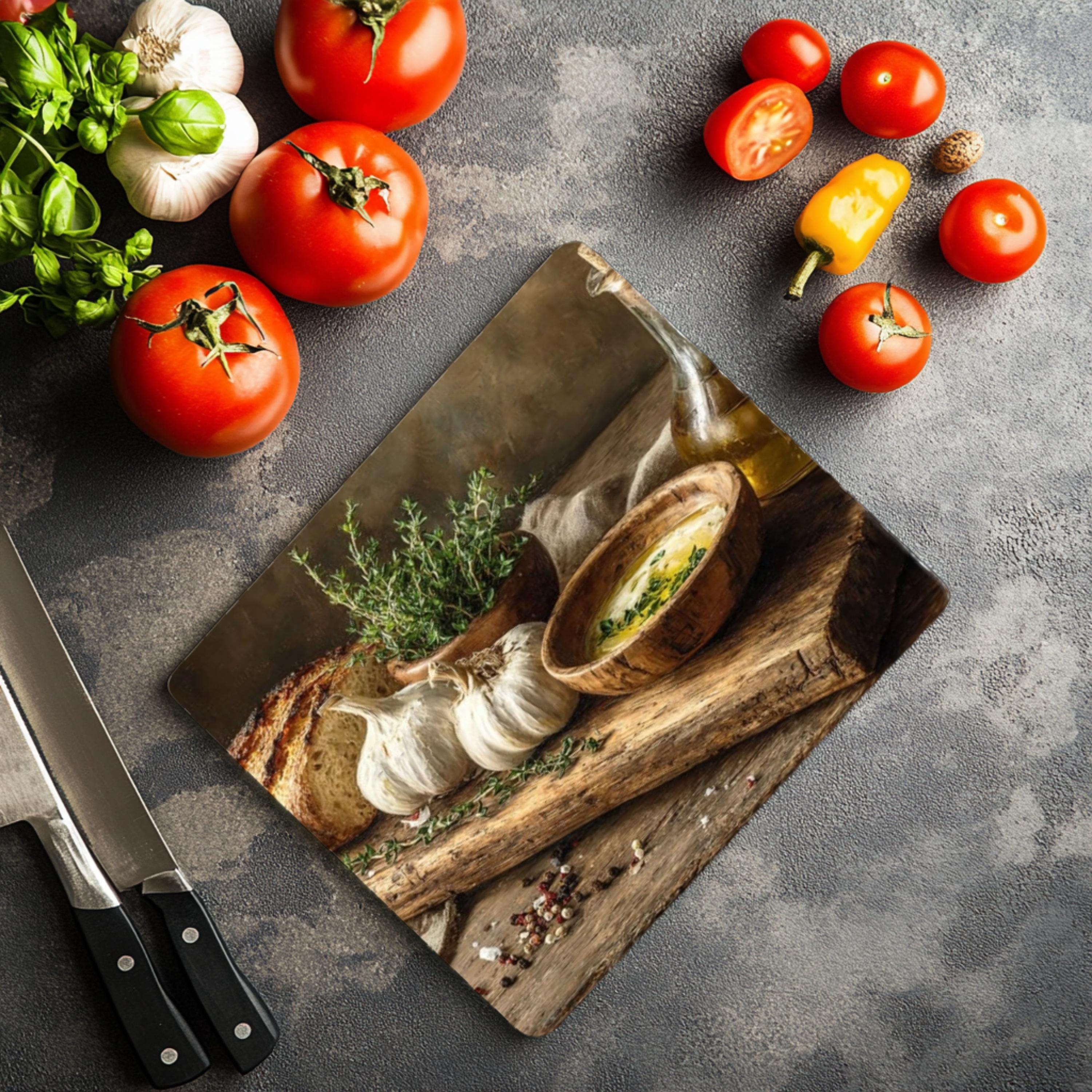 Rustic Garlic & Olive Oil Glass Cutting Board: Farmhouse Kitchen Decor