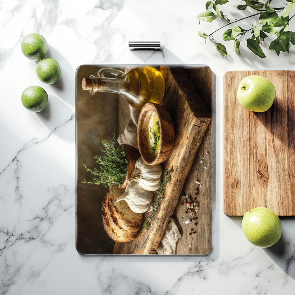Rustic Garlic & Olive Oil Glass Cutting Board: Farmhouse Kitchen Decor