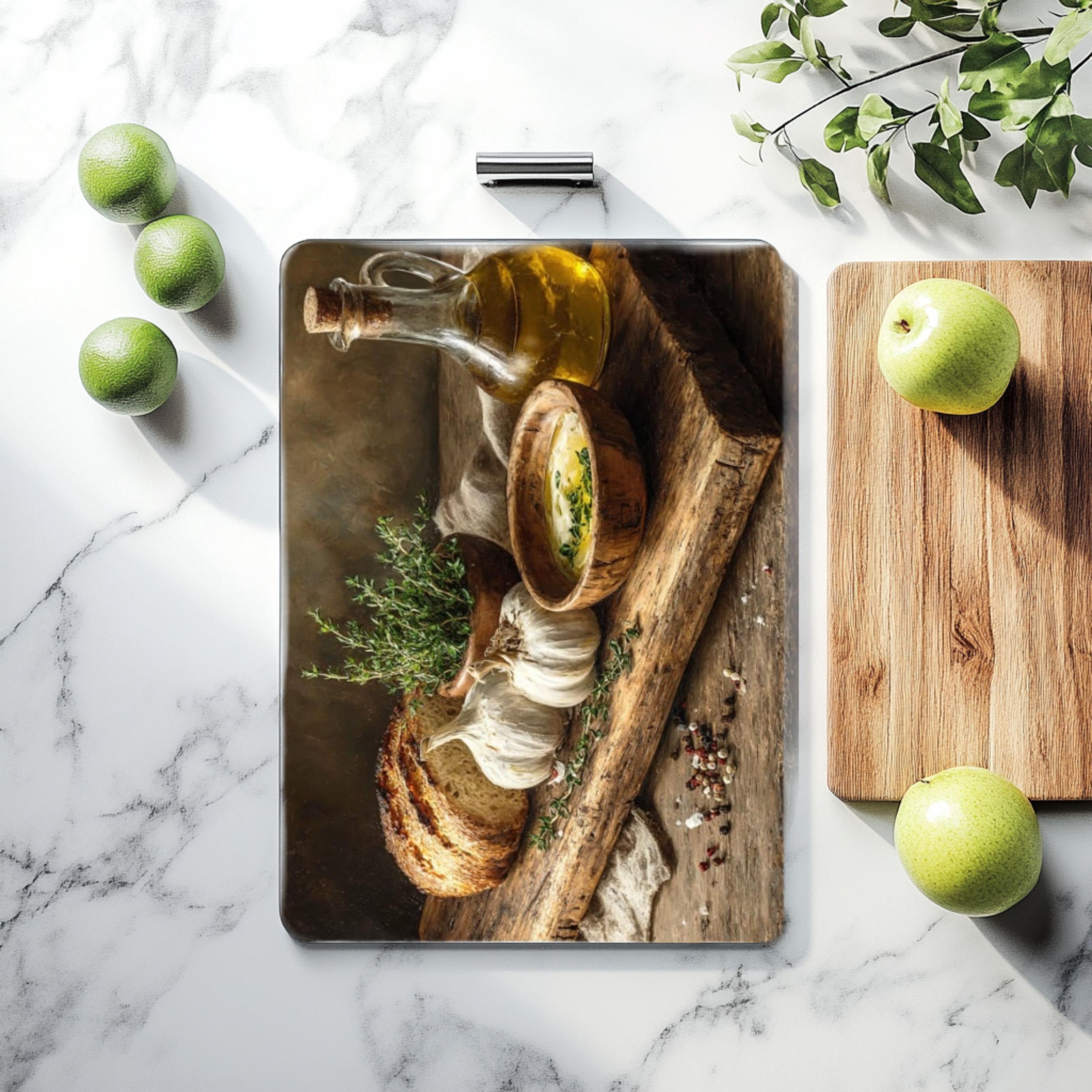 Rustic Garlic & Olive Oil Glass Cutting Board: Farmhouse Kitchen Decor
