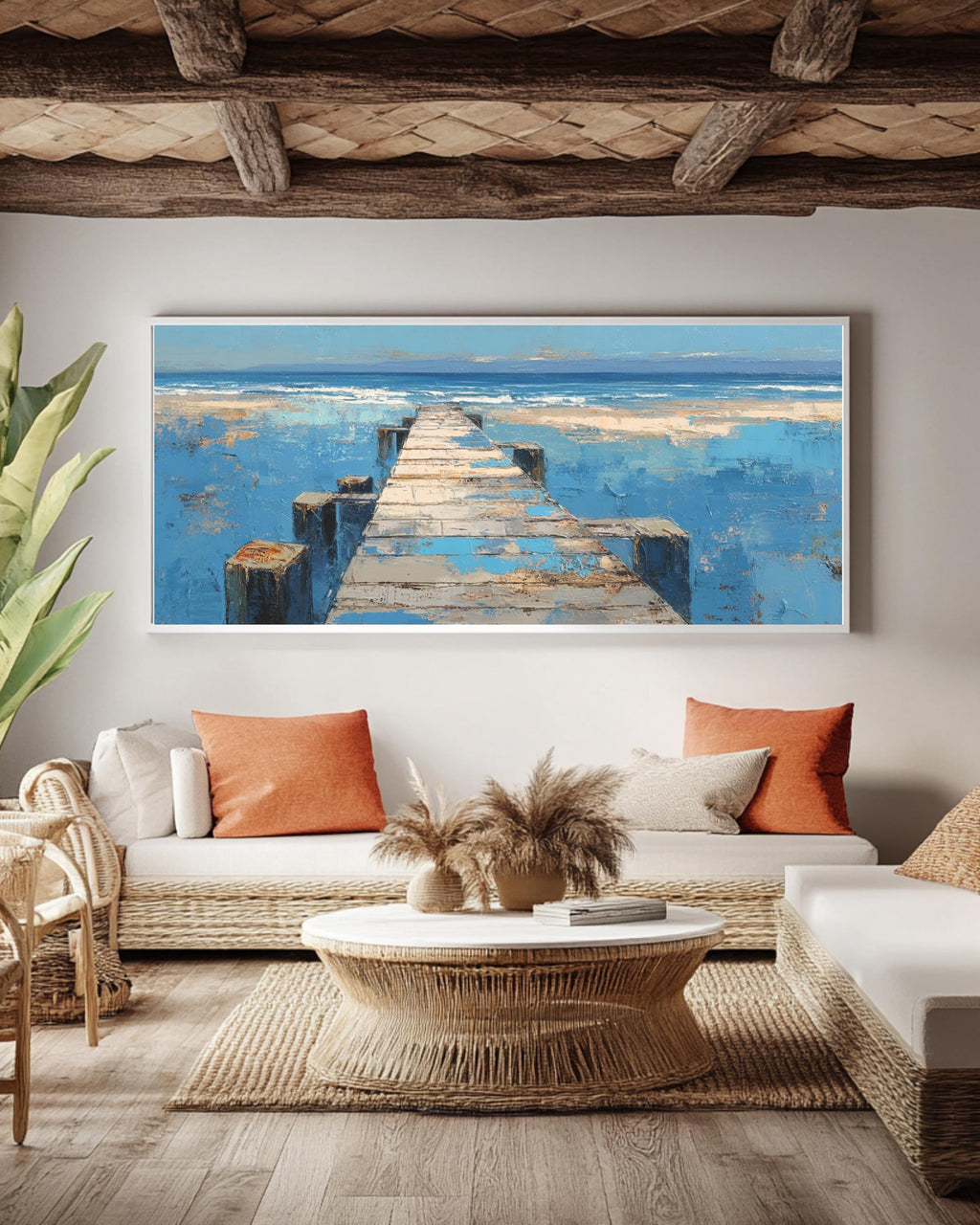 Abstract Beach Scene Painting: Rustic Coastal Panoramic Canvas Art