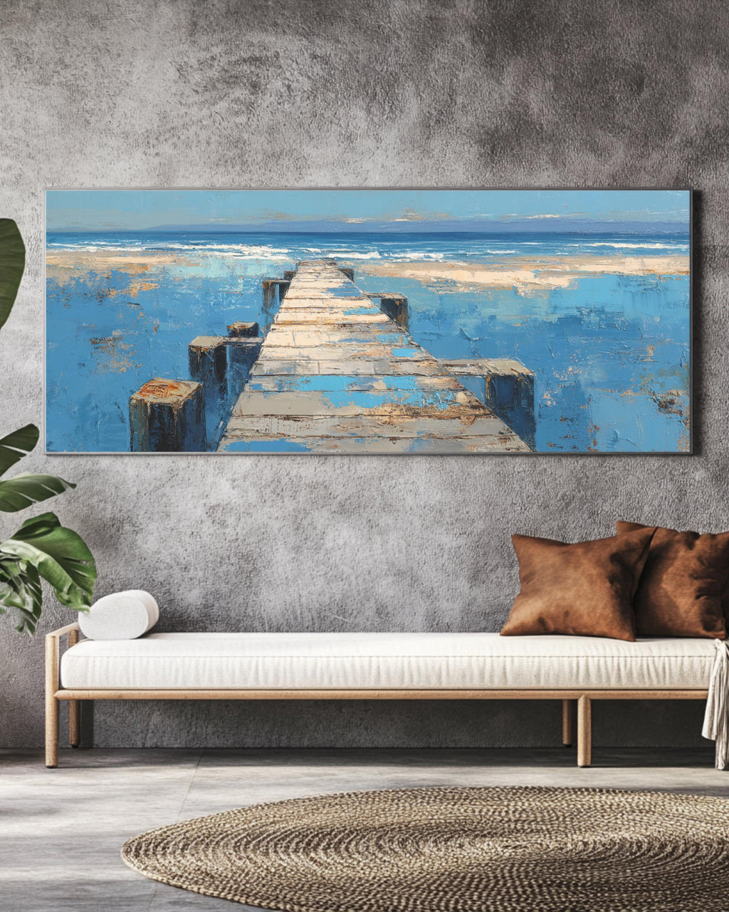 Abstract Beach Scene Painting: Rustic Coastal Panoramic Canvas Art