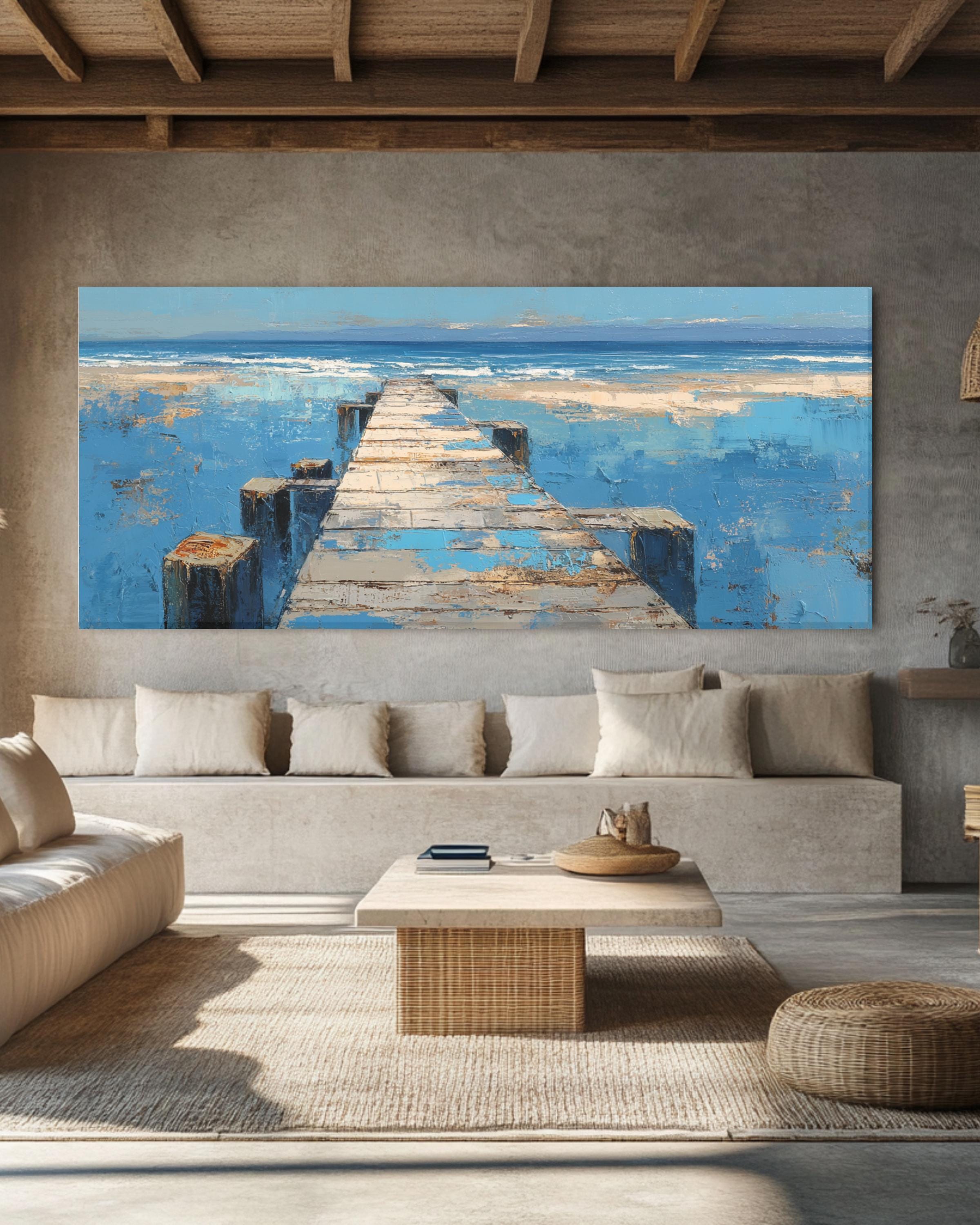 Abstract Beach Scene Painting: Rustic Coastal Panoramic Canvas Art