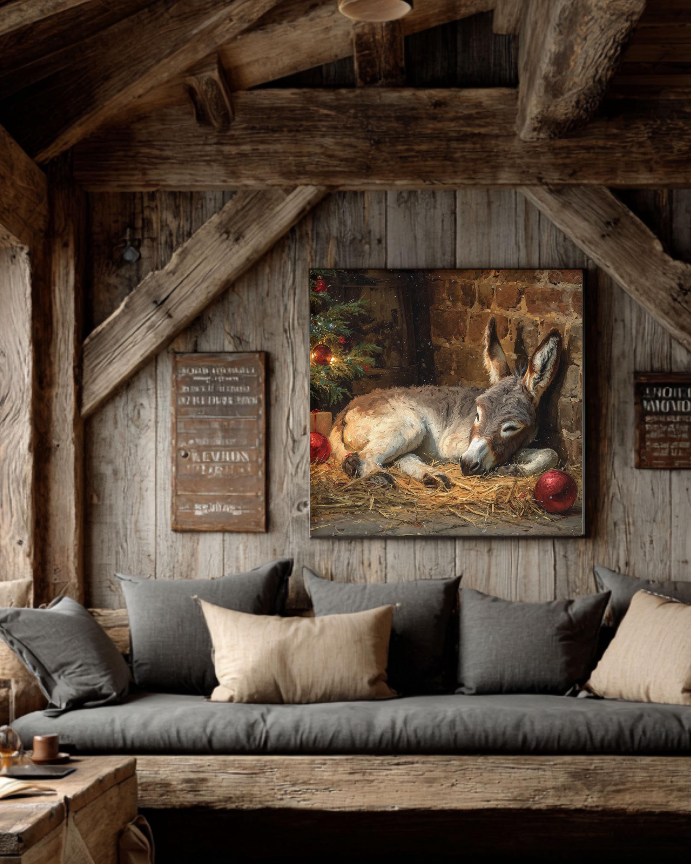 Christmas Nativity Canvas Art: Sleeping Donkey, Rustic Farmhouse Holiday Decor