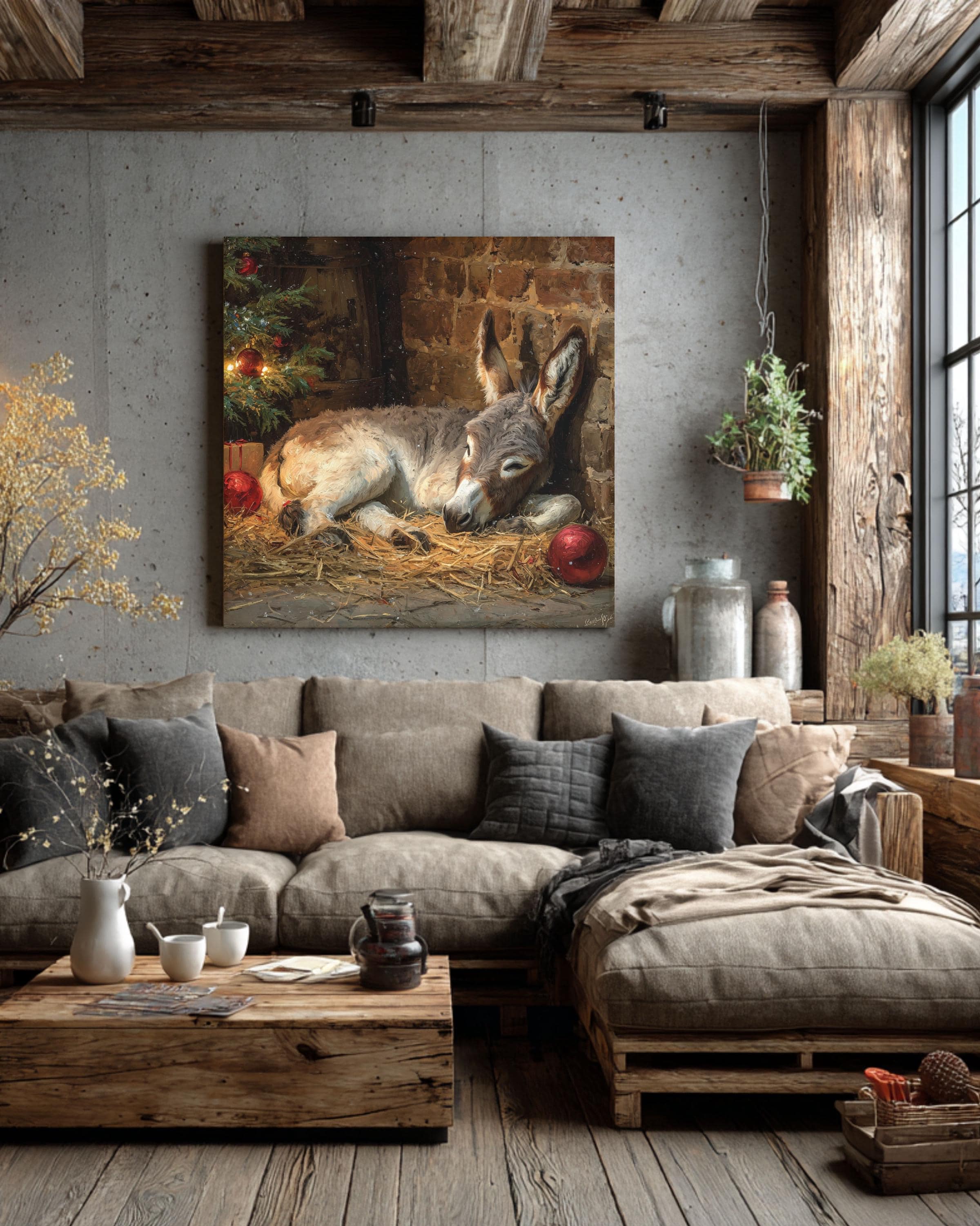 Christmas Nativity Canvas Art: Sleeping Donkey, Rustic Farmhouse Holiday Decor