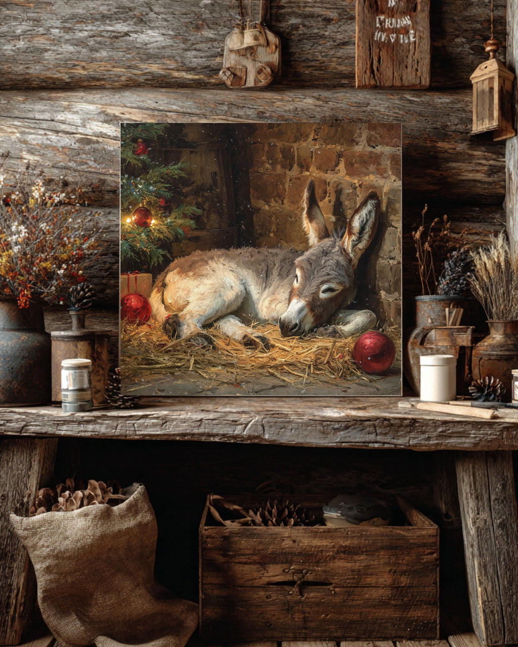 Christmas Nativity Canvas Art: Sleeping Donkey, Rustic Farmhouse Holiday Decor