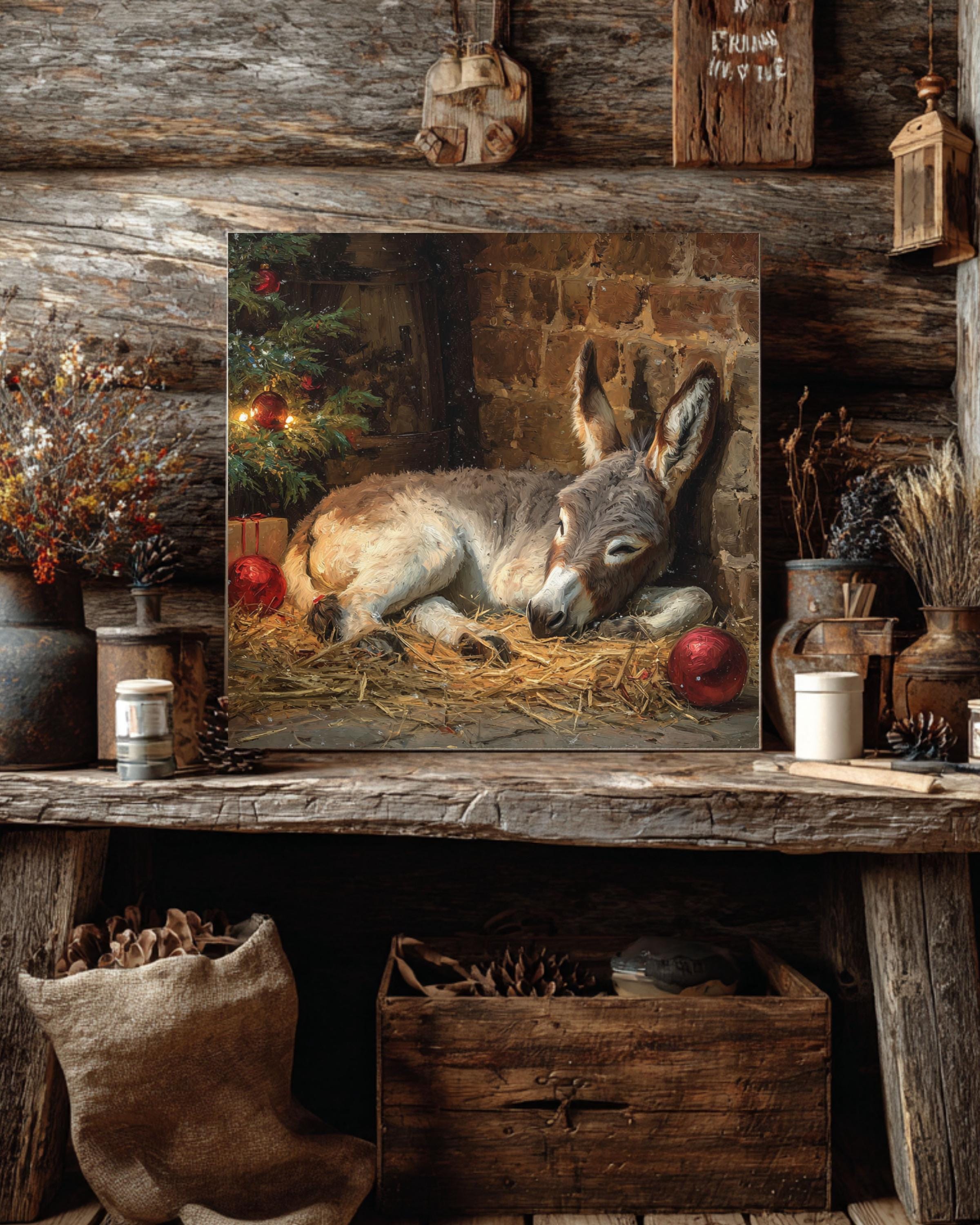 Christmas Nativity Canvas Art: Sleeping Donkey, Rustic Farmhouse Holiday Decor