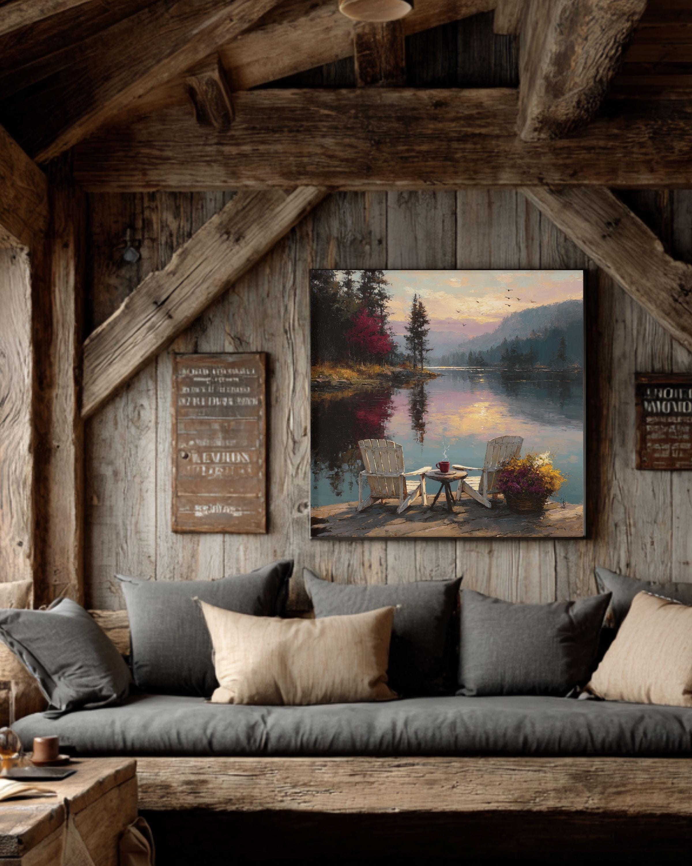 Adirondack Chairs Lake Canvas Art: Rustic Cabin Wall Decor