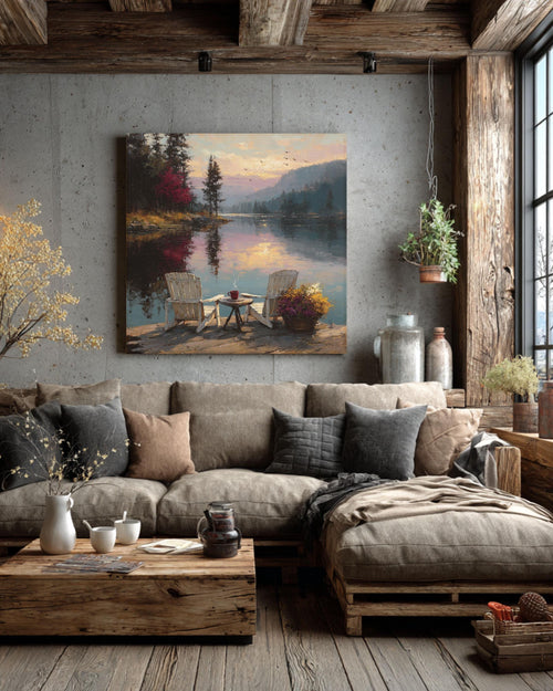 Adirondack Chairs Lake Canvas Art: Rustic Cabin Wall Decor