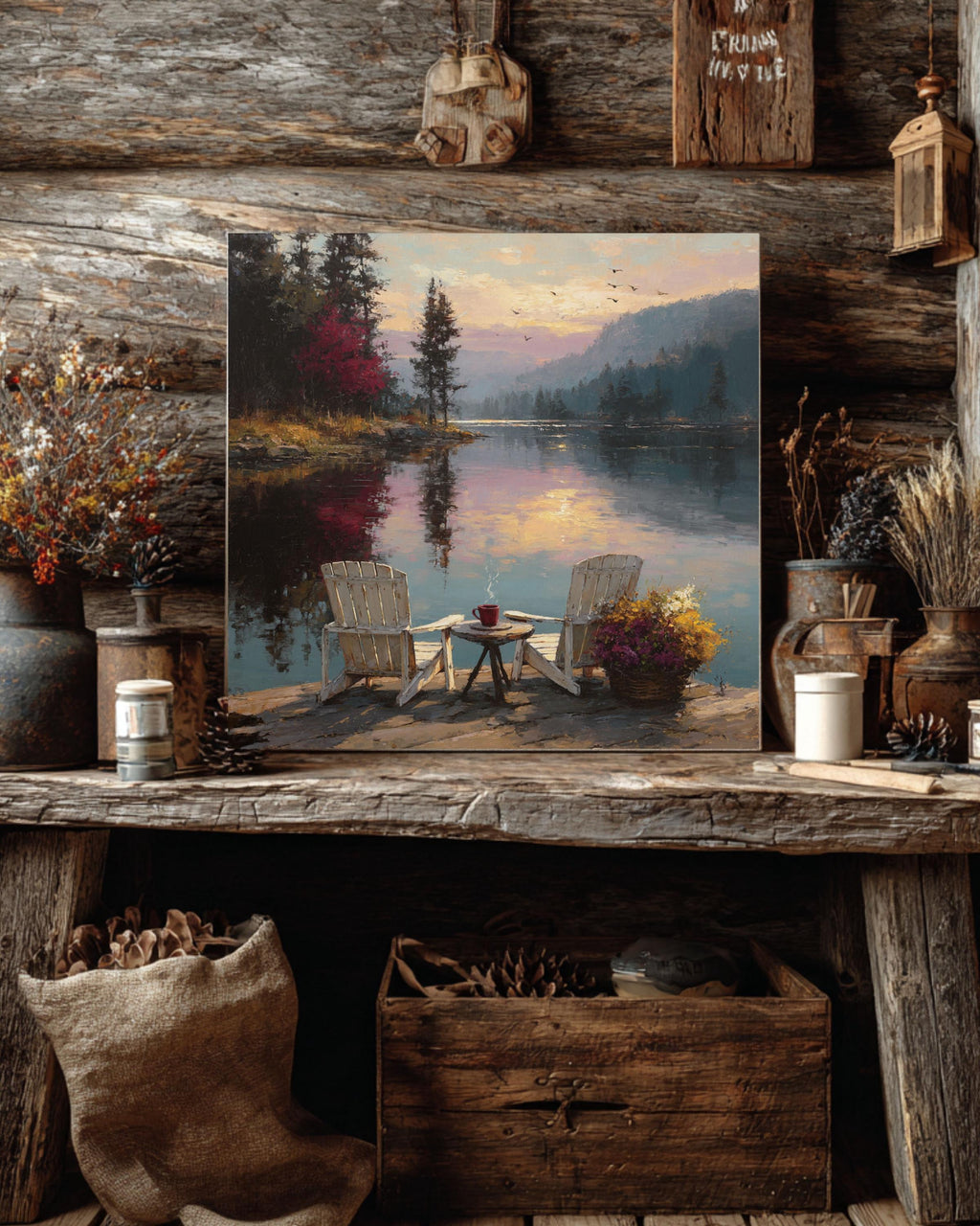 Adirondack Chairs Lake Canvas Art: Rustic Cabin Wall Decor