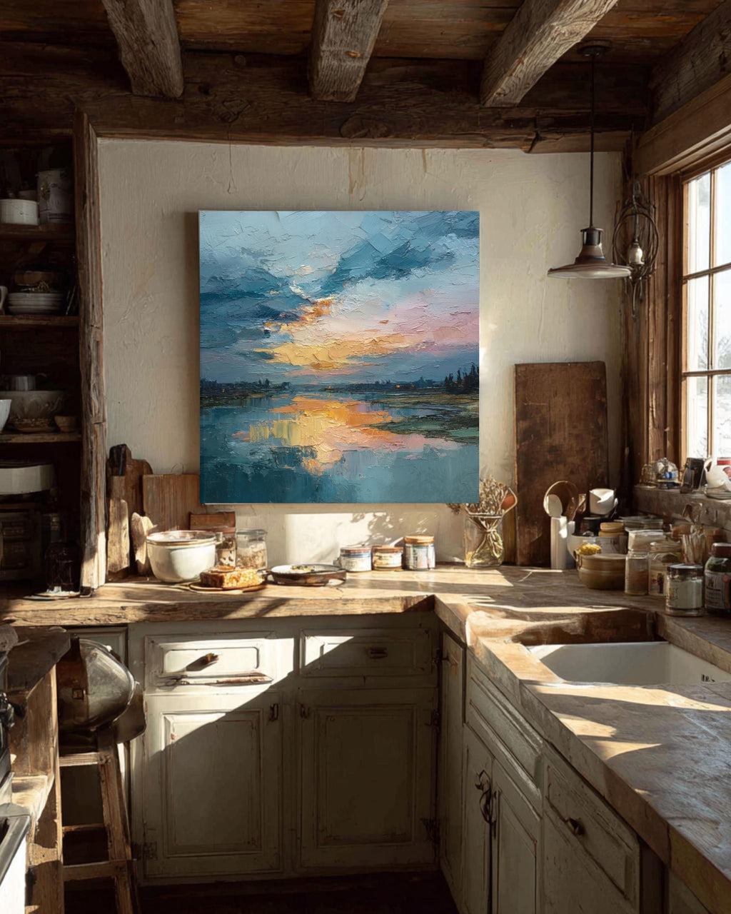 Abstract Lake Canvas Art: Rustic Nature Landscape Painting