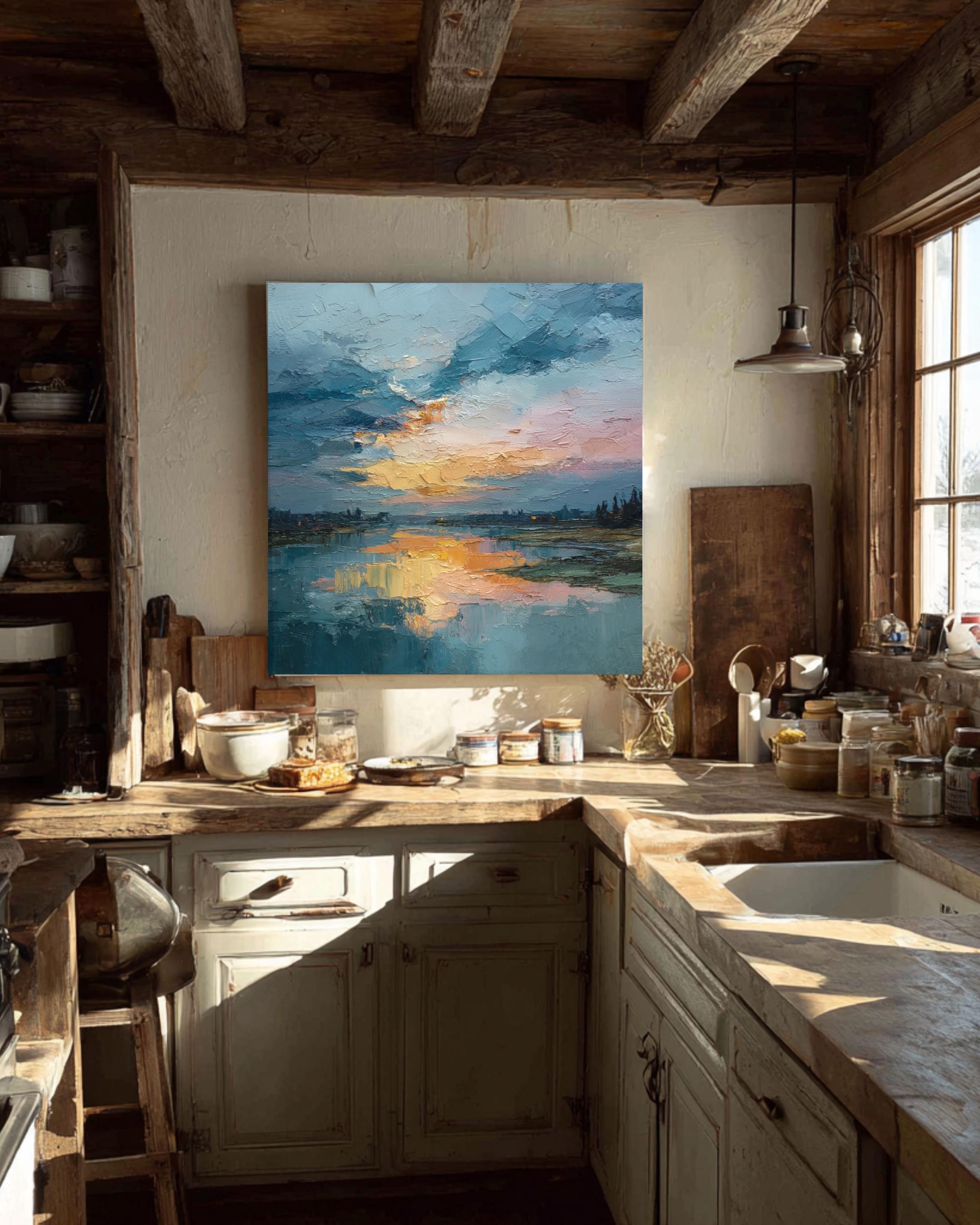 Abstract Lake Canvas Art: Rustic Nature Landscape Painting