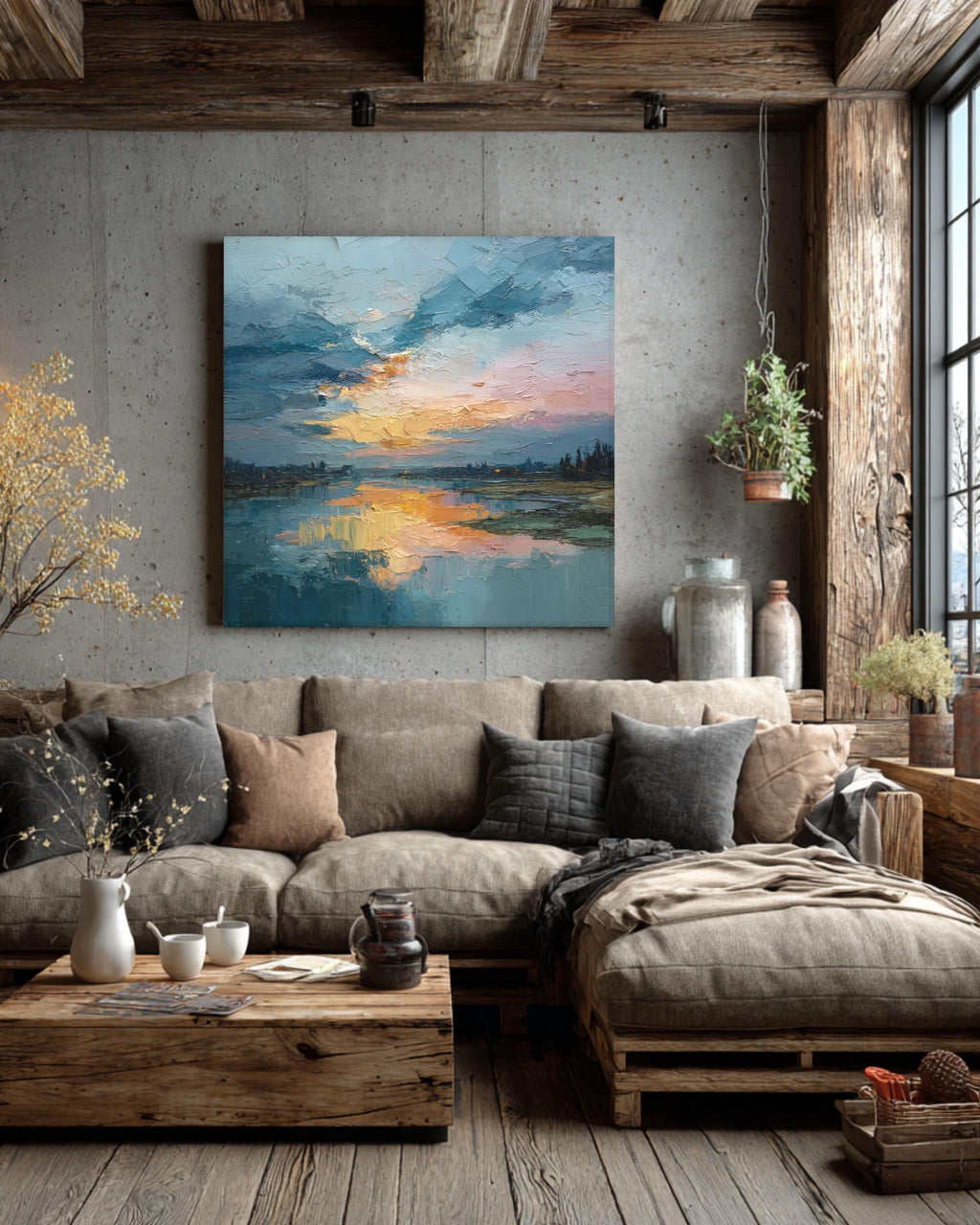 Abstract Lake Canvas Art: Rustic Nature Landscape Painting