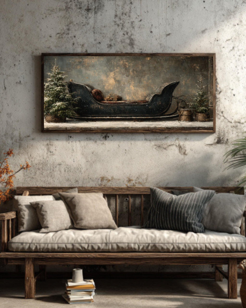 Vintage Sleigh Canvas Art  Rustic Christmas Tree Oil Painting