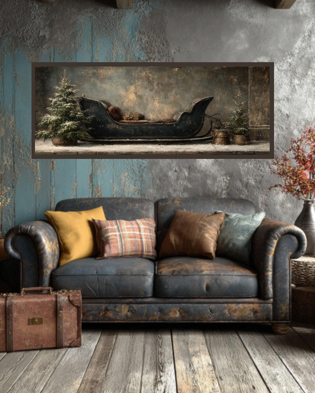 Vintage Sleigh Canvas Art  Rustic Christmas Tree Oil Painting
