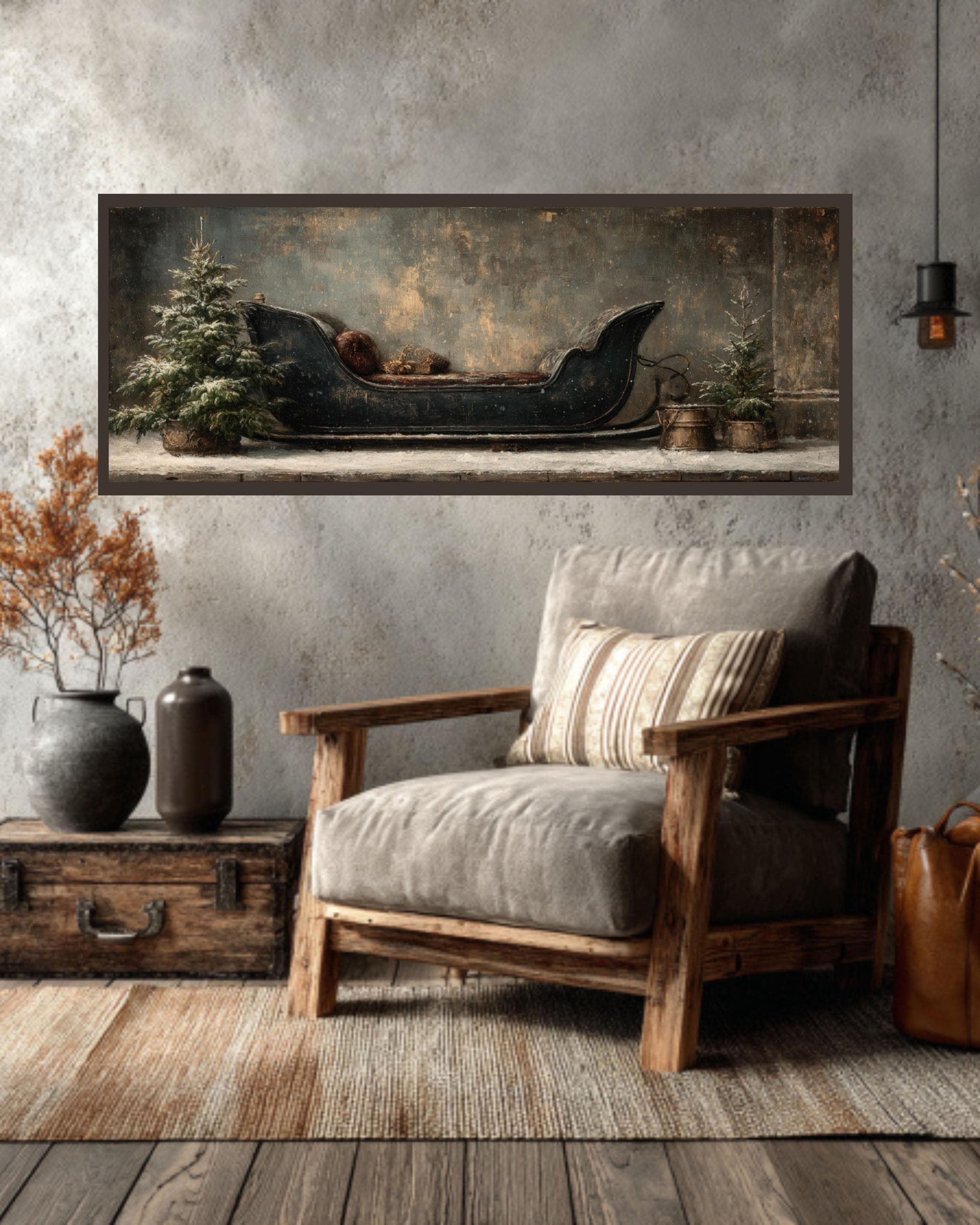 Vintage Sleigh Canvas Art  Rustic Christmas Tree Oil Painting