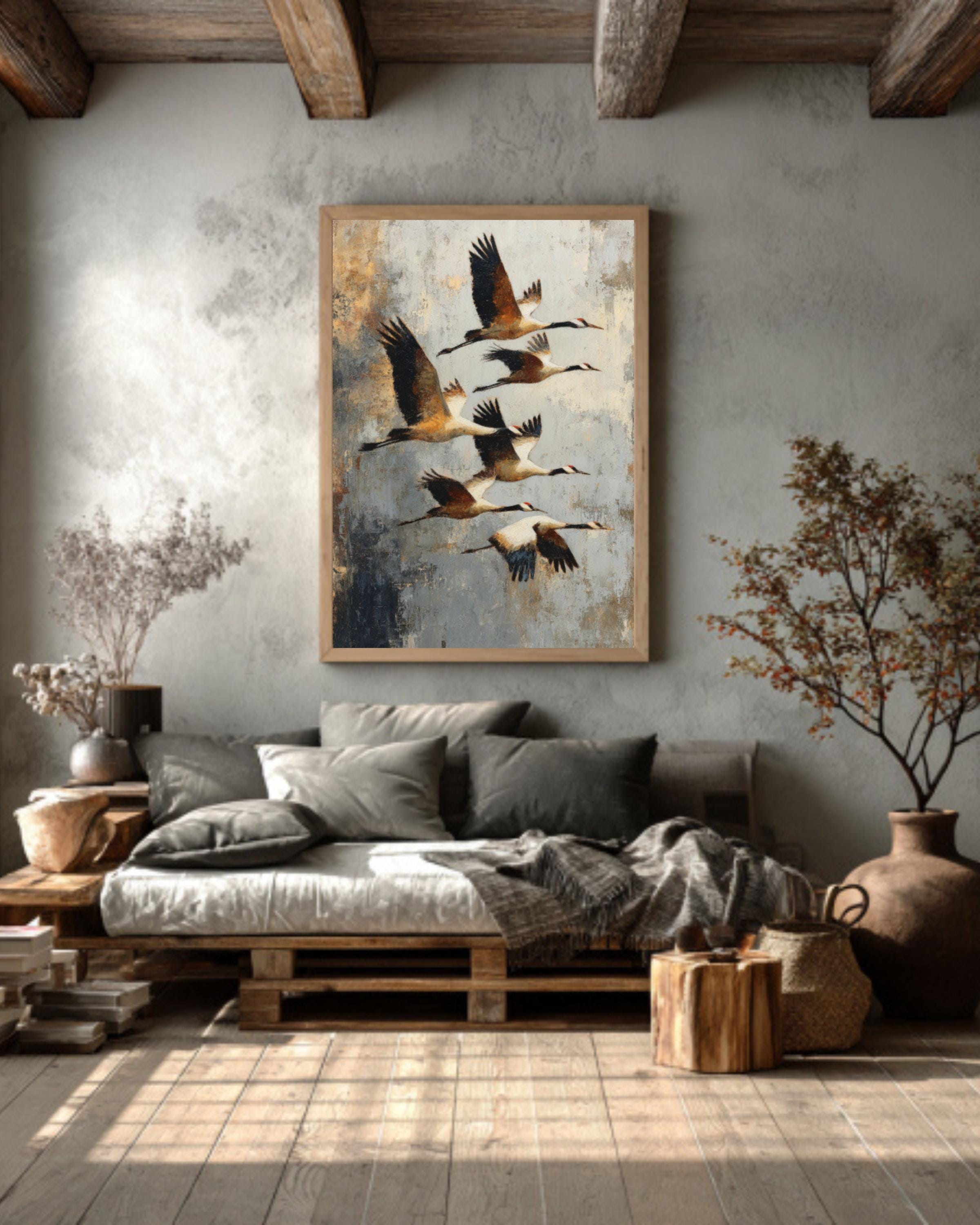 Abstract Birds in Flight Canvas Art  Earth Tone Rustic Decor