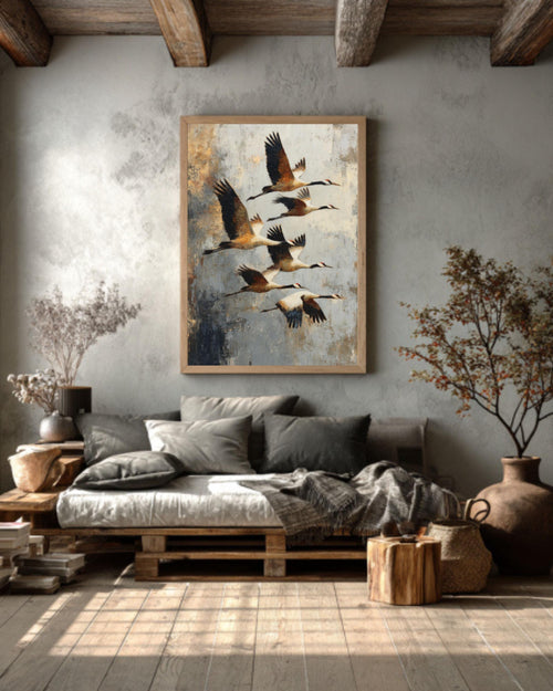 Abstract Birds in Flight Canvas Art  Earth Tone Rustic Decor
