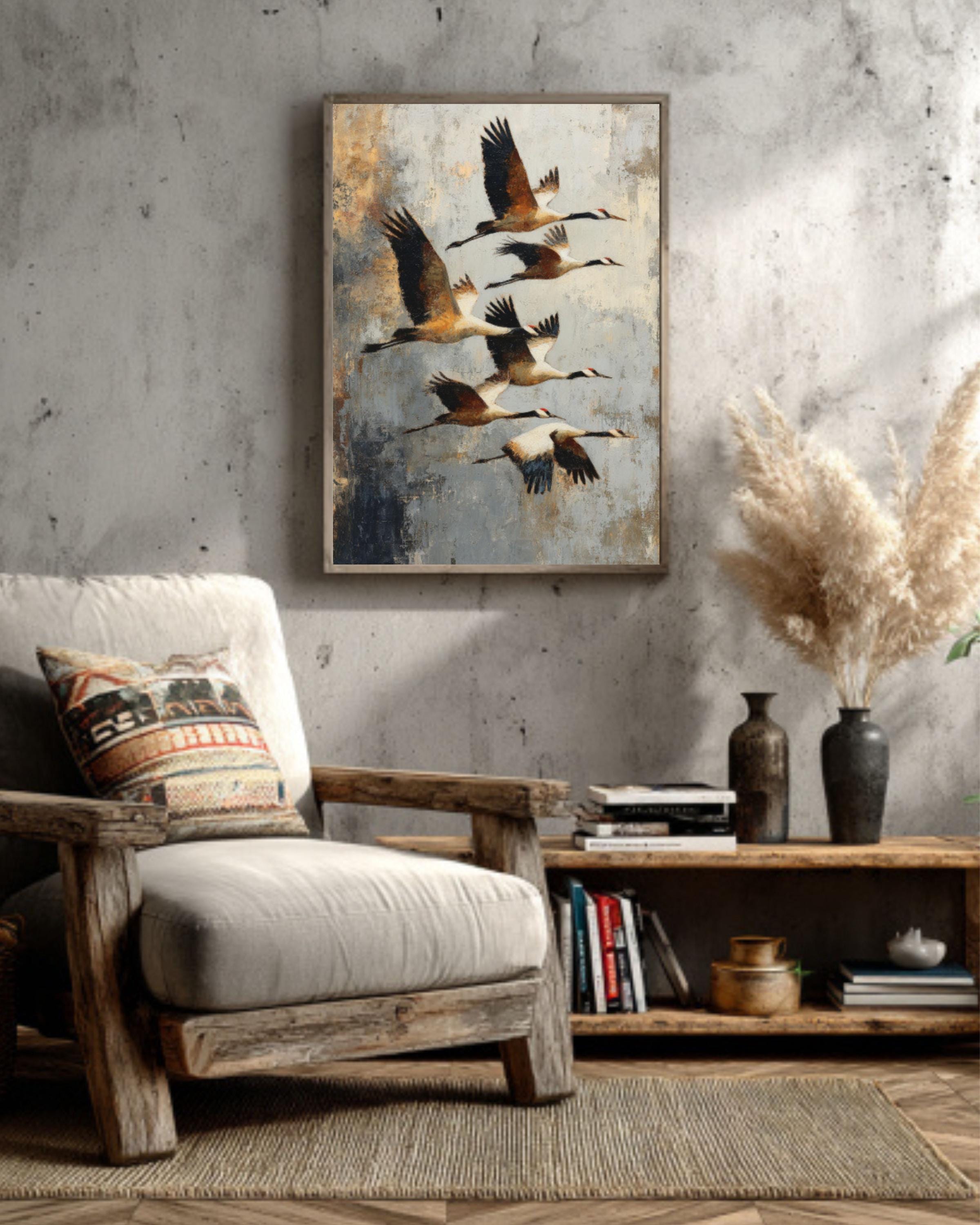 Abstract Birds in Flight Canvas Art  Earth Tone Rustic Decor