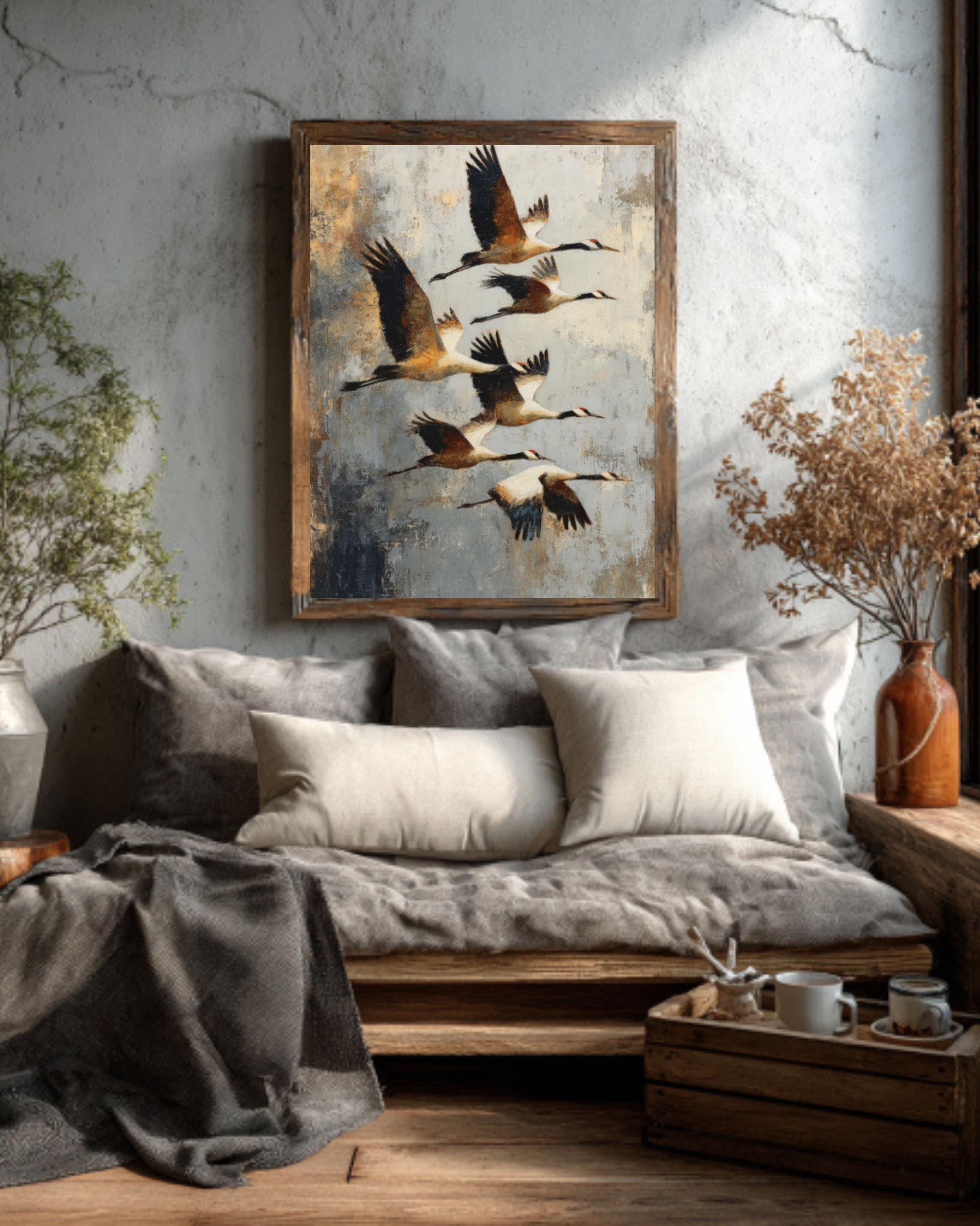 Abstract Birds in Flight Canvas Art  Earth Tone Rustic Decor