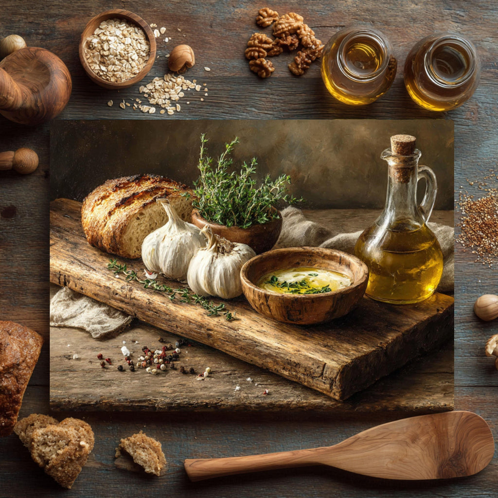 Rustic Garlic & Olive Oil Glass Cutting Board: Farmhouse Kitchen Decor