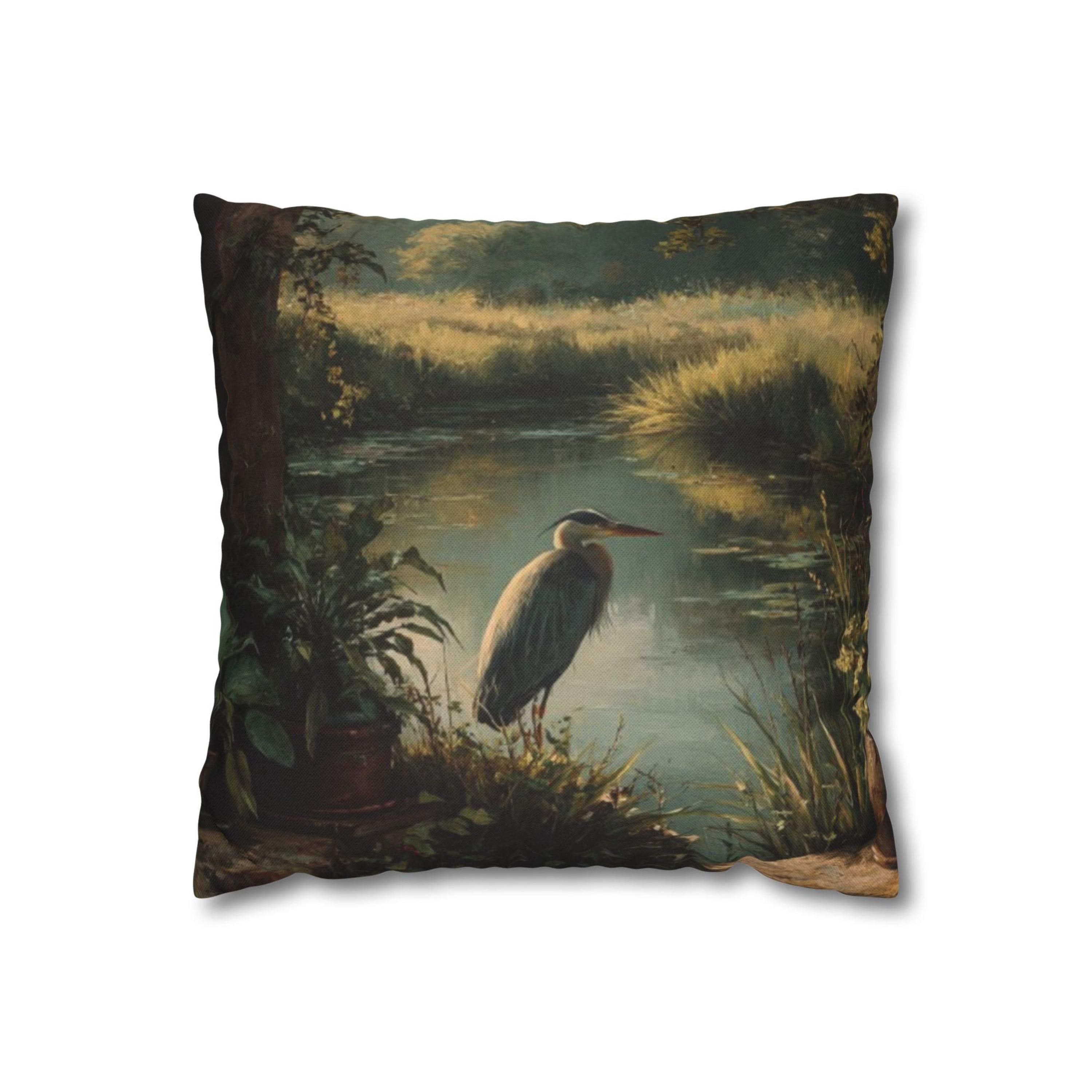 Rustic Heron Throw Pillow: Vintage Style Nature Cushion