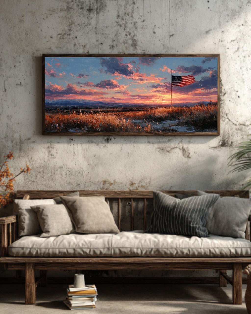 American Flag Sunset Canvas Art  Rustic Patriotic Wall Decor