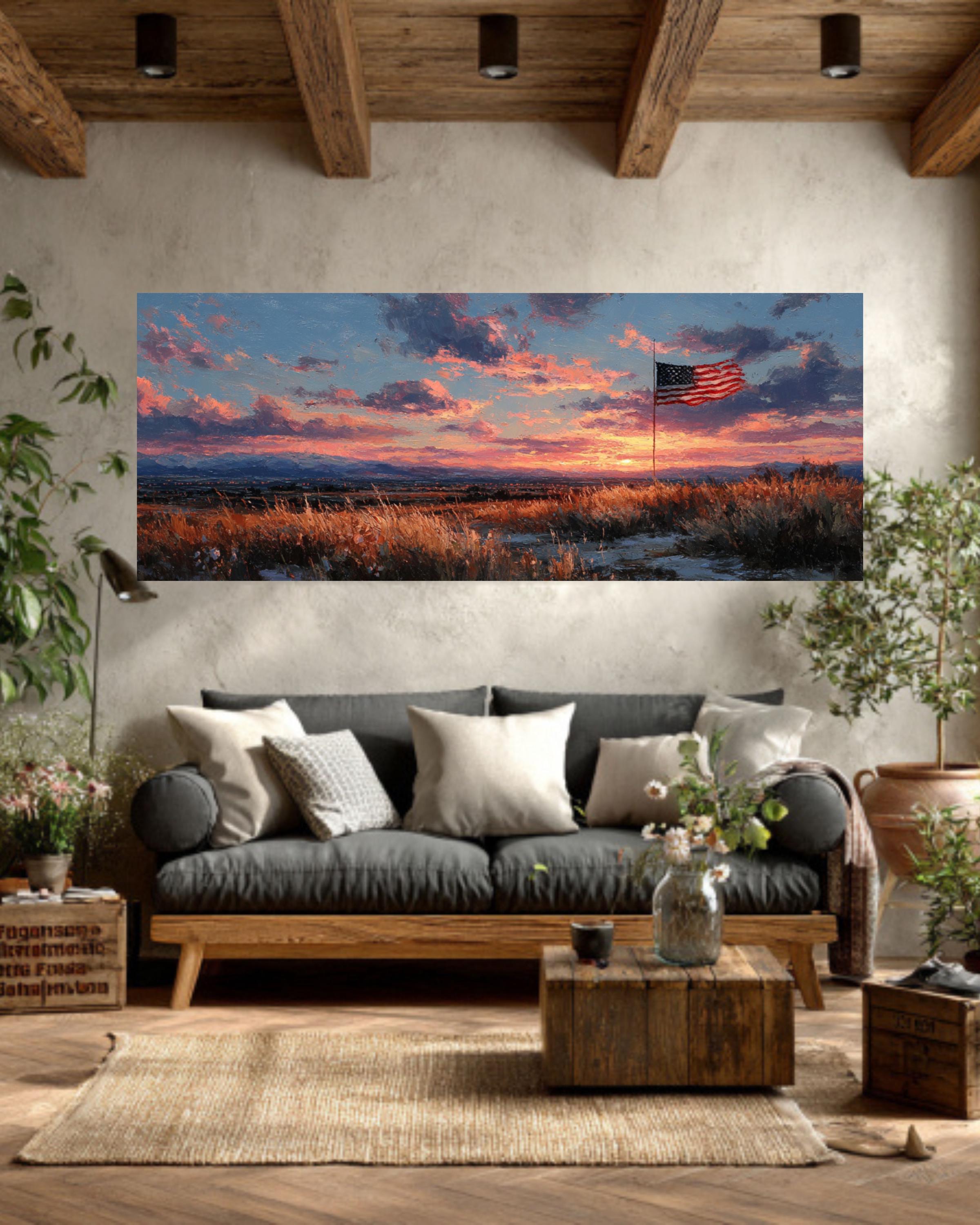 American Flag Sunset Canvas Art  Rustic Patriotic Wall Decor