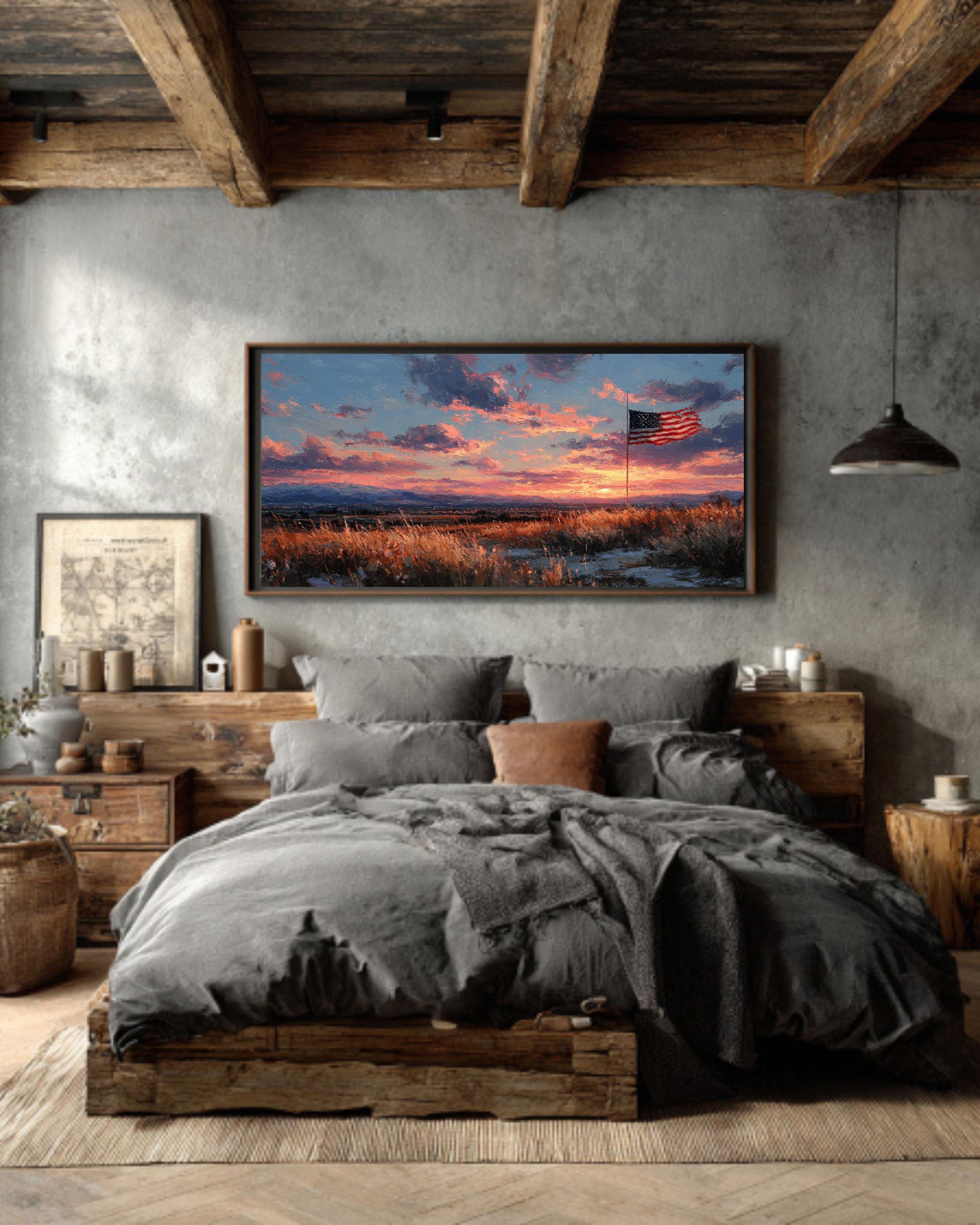 American Flag Sunset Canvas Art  Rustic Patriotic Wall Decor