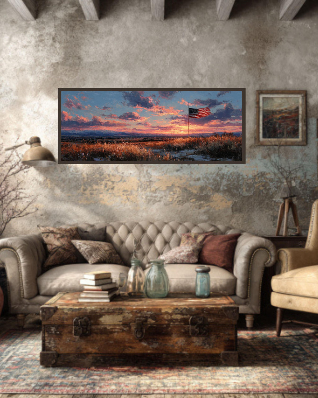 American Flag Sunset Canvas Art  Rustic Patriotic Wall Decor