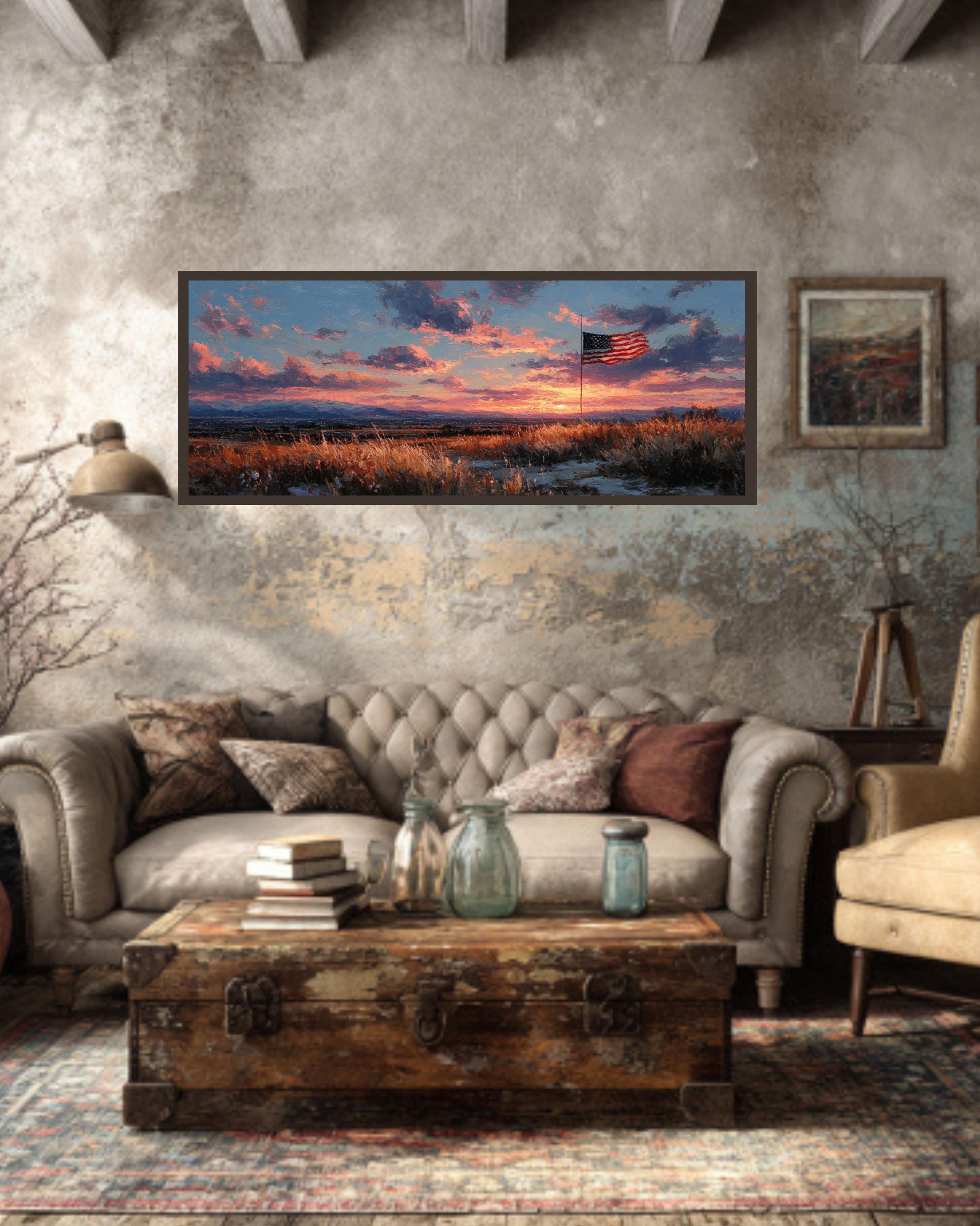 American Flag Sunset Canvas Art  Rustic Patriotic Wall Decor