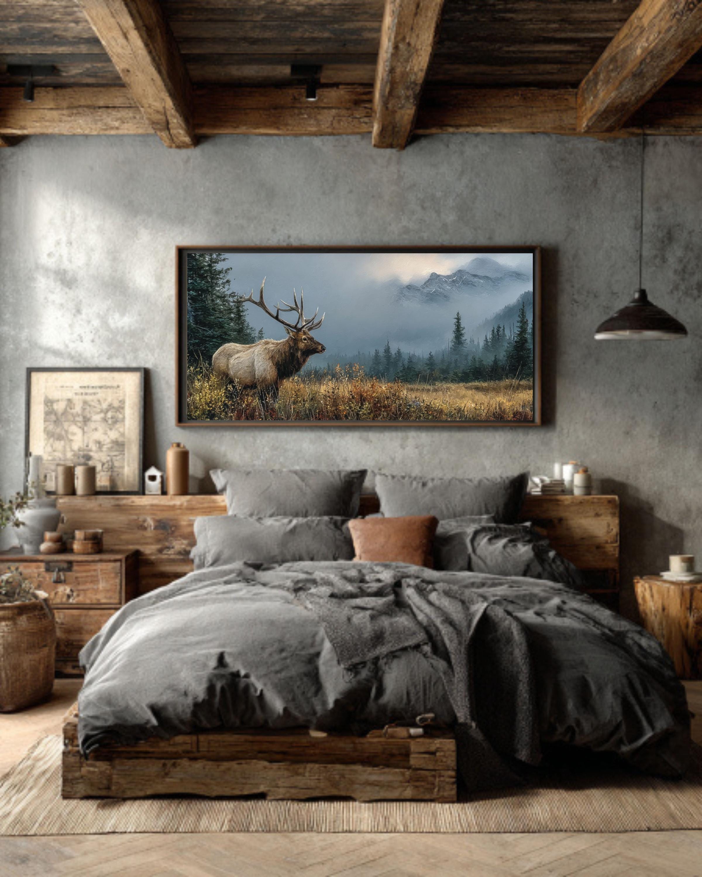 Rustic Elk Landscape Oil Painting  Wildlife Canvas Wall Art