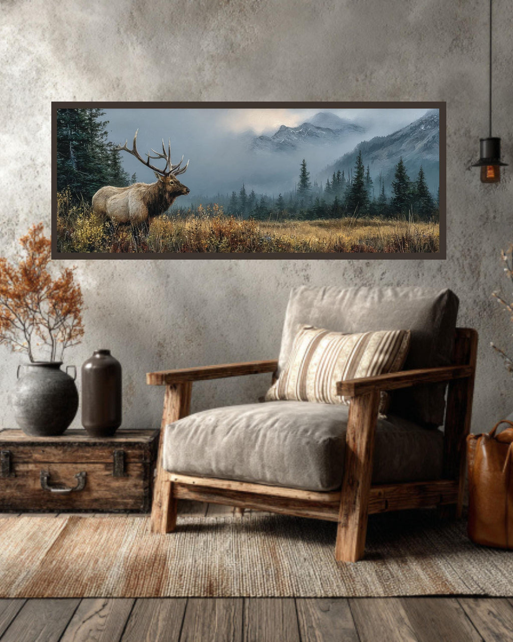 Rustic Elk Landscape Oil Painting  Wildlife Canvas Wall Art