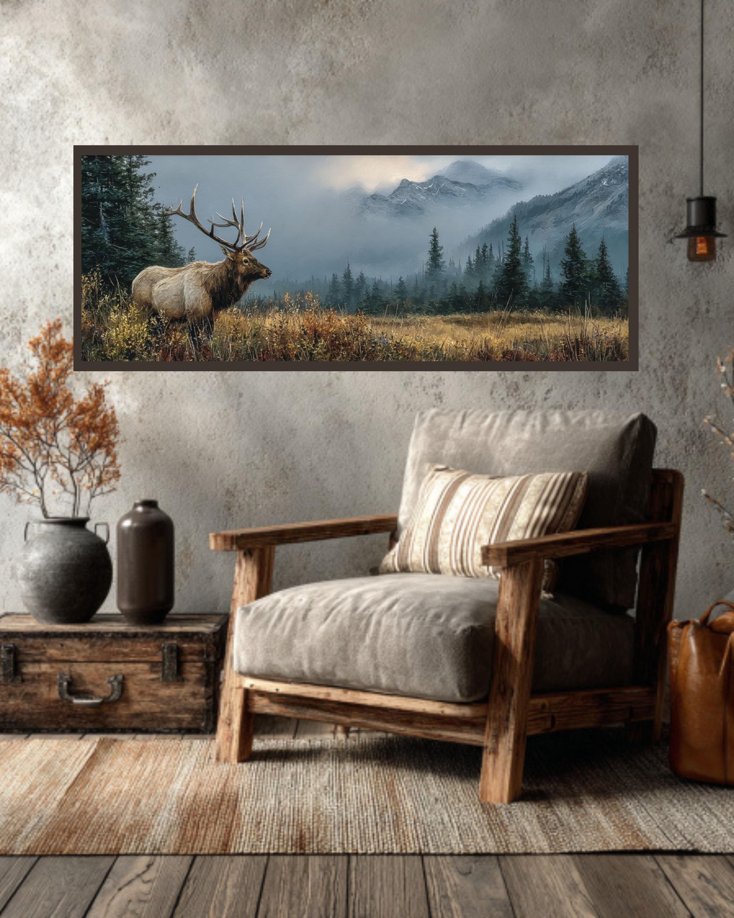 Rustic Elk Landscape Oil Painting  Wildlife Canvas Wall Art